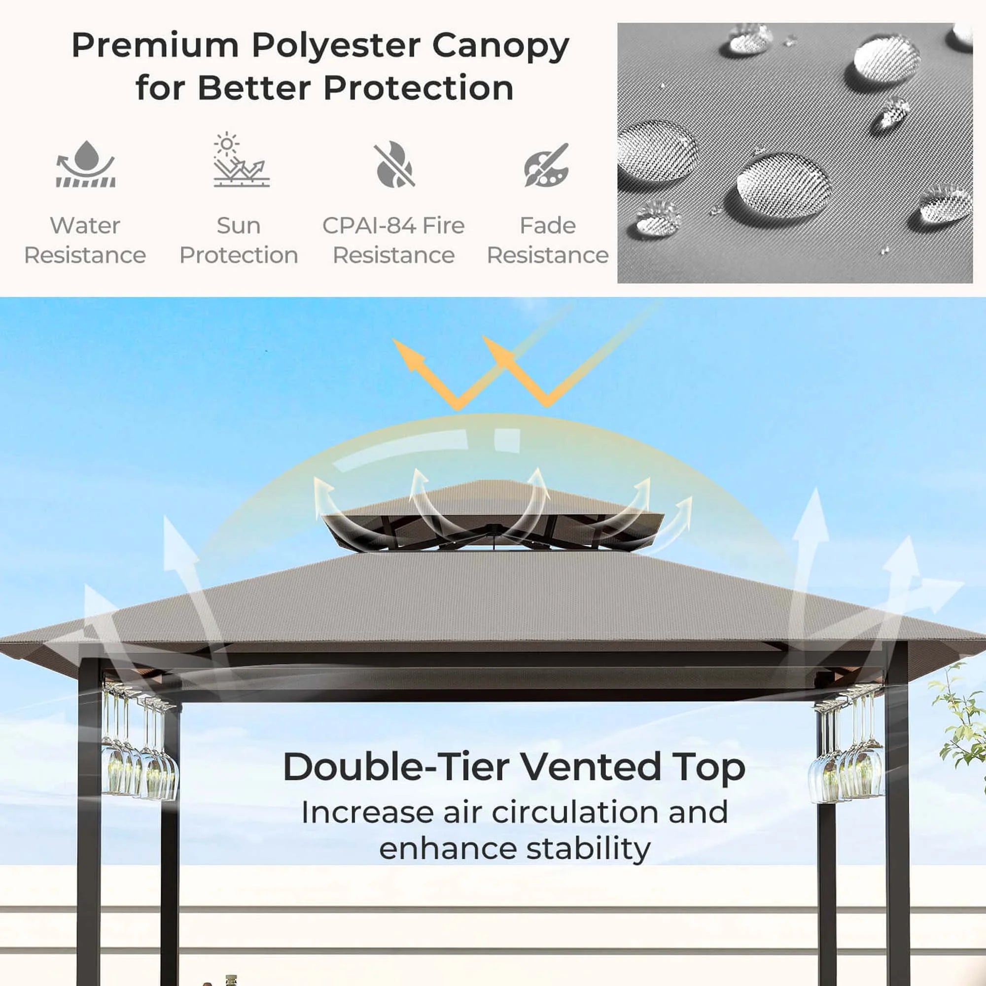 Costway 3 PCS Patio Bar Set with Tempered Glass Bar Table Metal Storage Shelves for Garden Grey