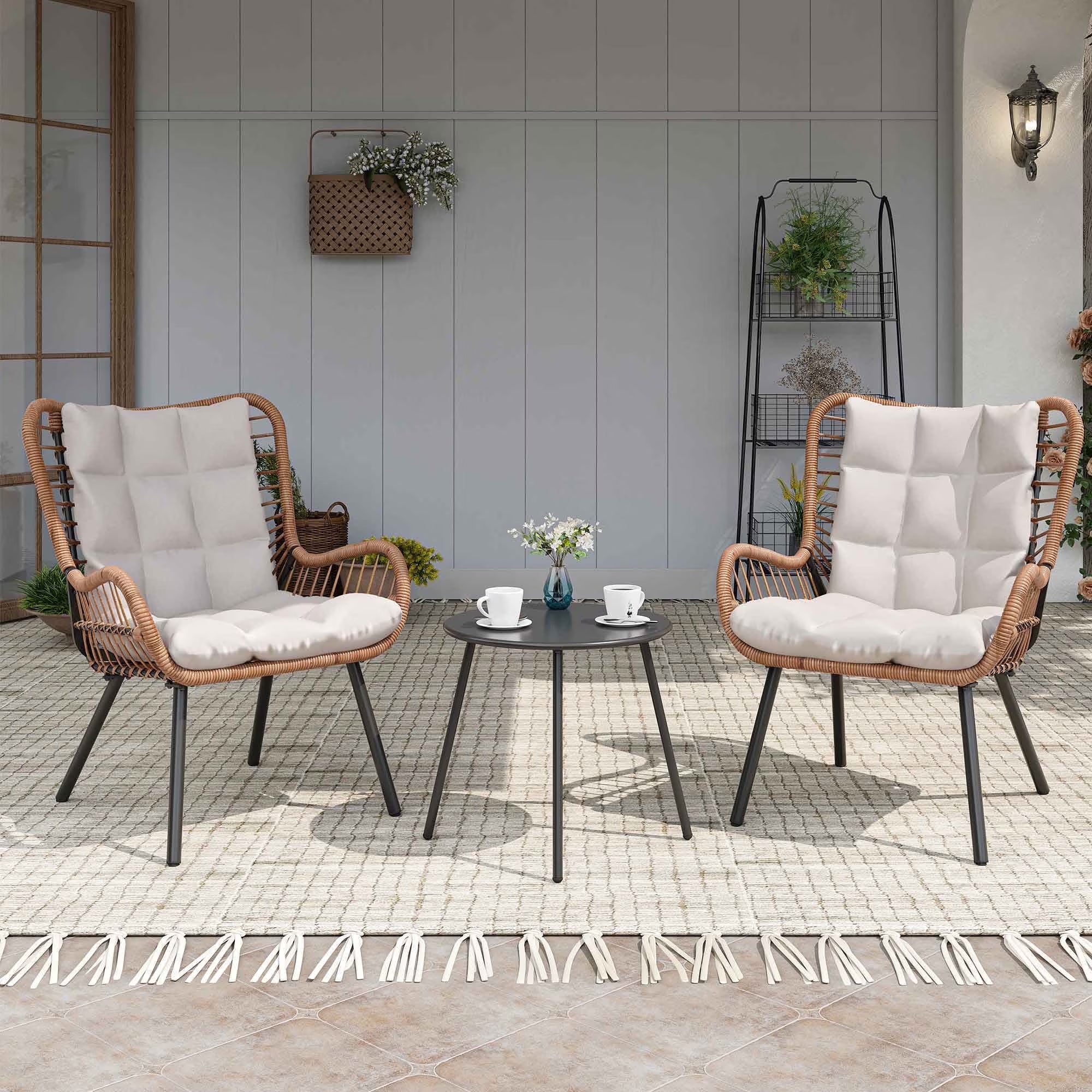 3-Piece Patio Furniture Set, High Back Outdoor Bistro with Coffee Table & Beige Cushions for Garden or Deck