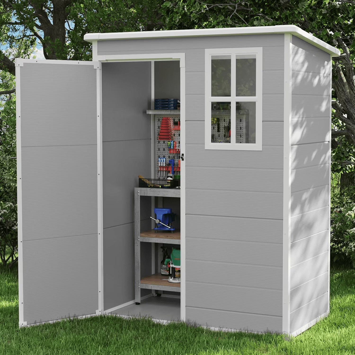 Outdoor Storage Shed 5x3 FT, Resin Garden Shed for Bike, Tool, Plastic Outside Sheds & Outdoor Storage Storage Box with Lockable Door for Backyard, Patio, Lawn, Sandstone
