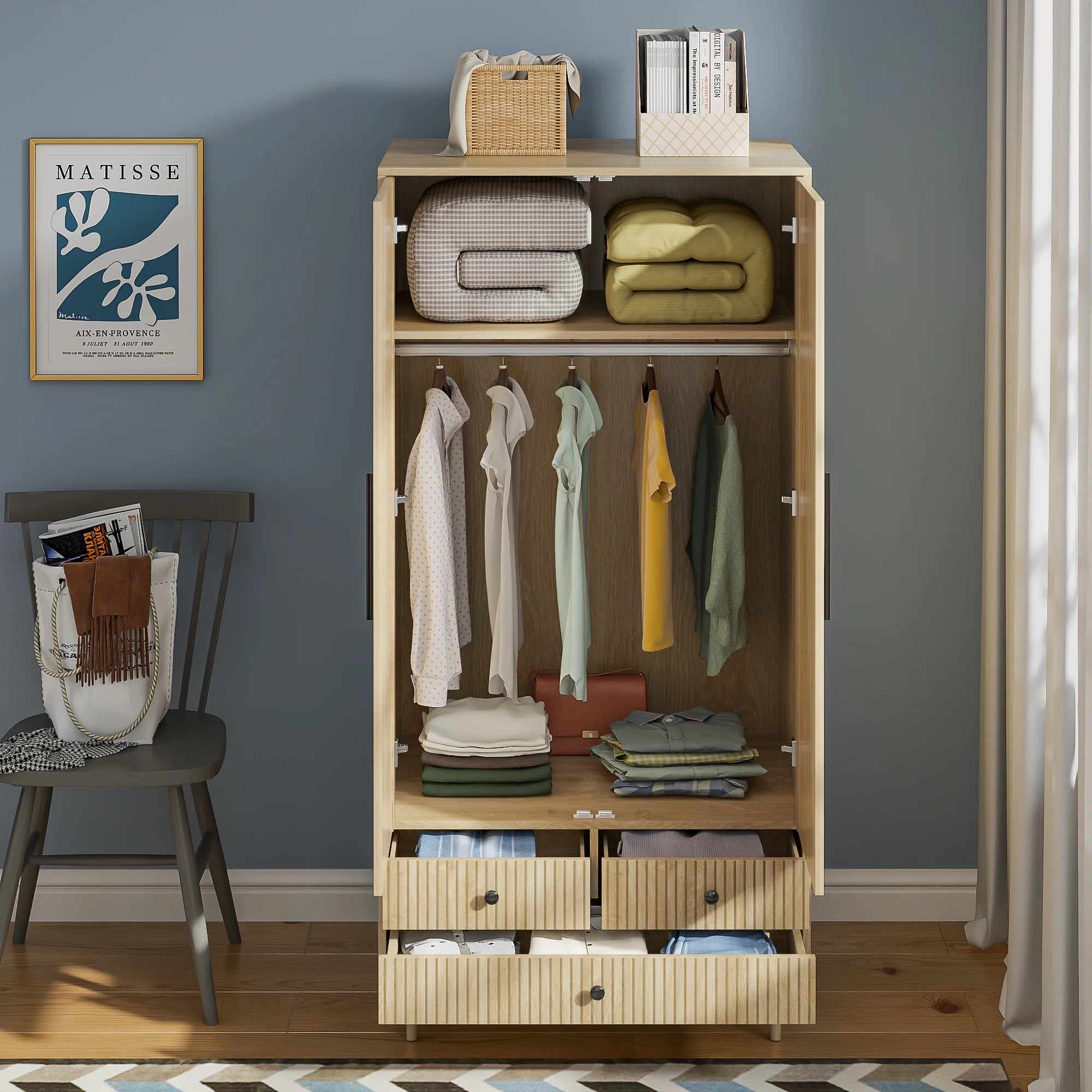 Armoire Wardrobe Closet, Closet Wardrobe Cabinet with Drawers and Hanging Rail for Bedroom, White