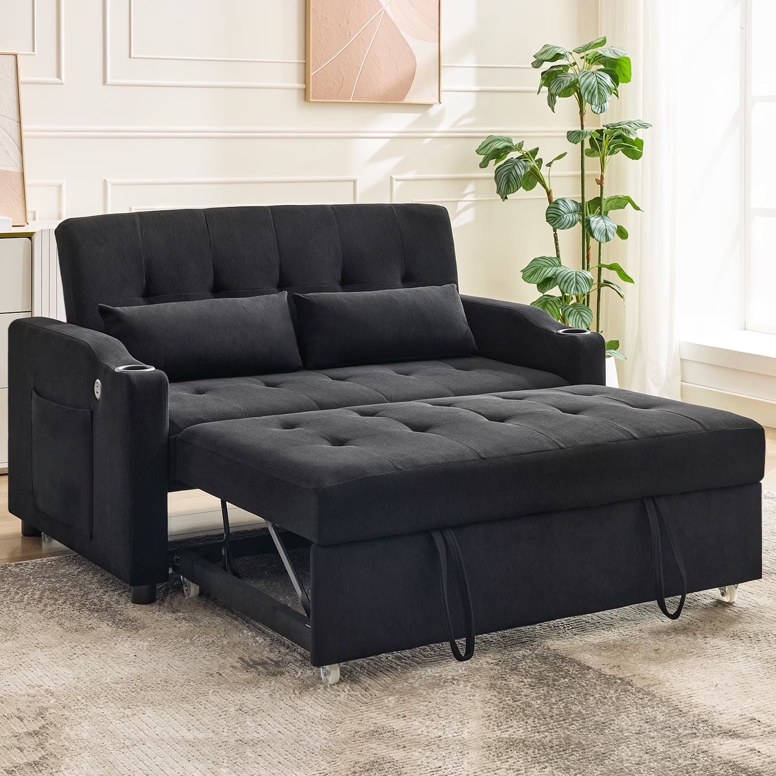 3 in 1 Convertible Sleeper Sofa Bed, Corduroy Futon Couches with Pull-Out Bed, Adjustable Backrest, Charging Port & Side Pockets, Modern Upholstered Sofa for Living Room, Guest Room