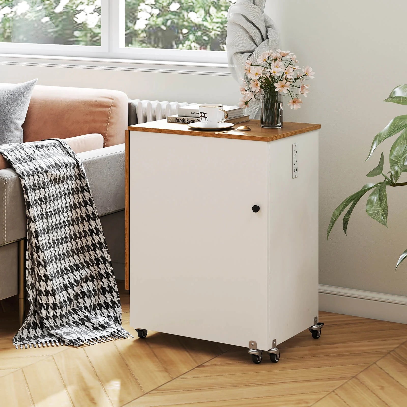 Costway Folding Sewing Table Rolling Craft Station with 3 Storage Bins & Charging Station White+natural