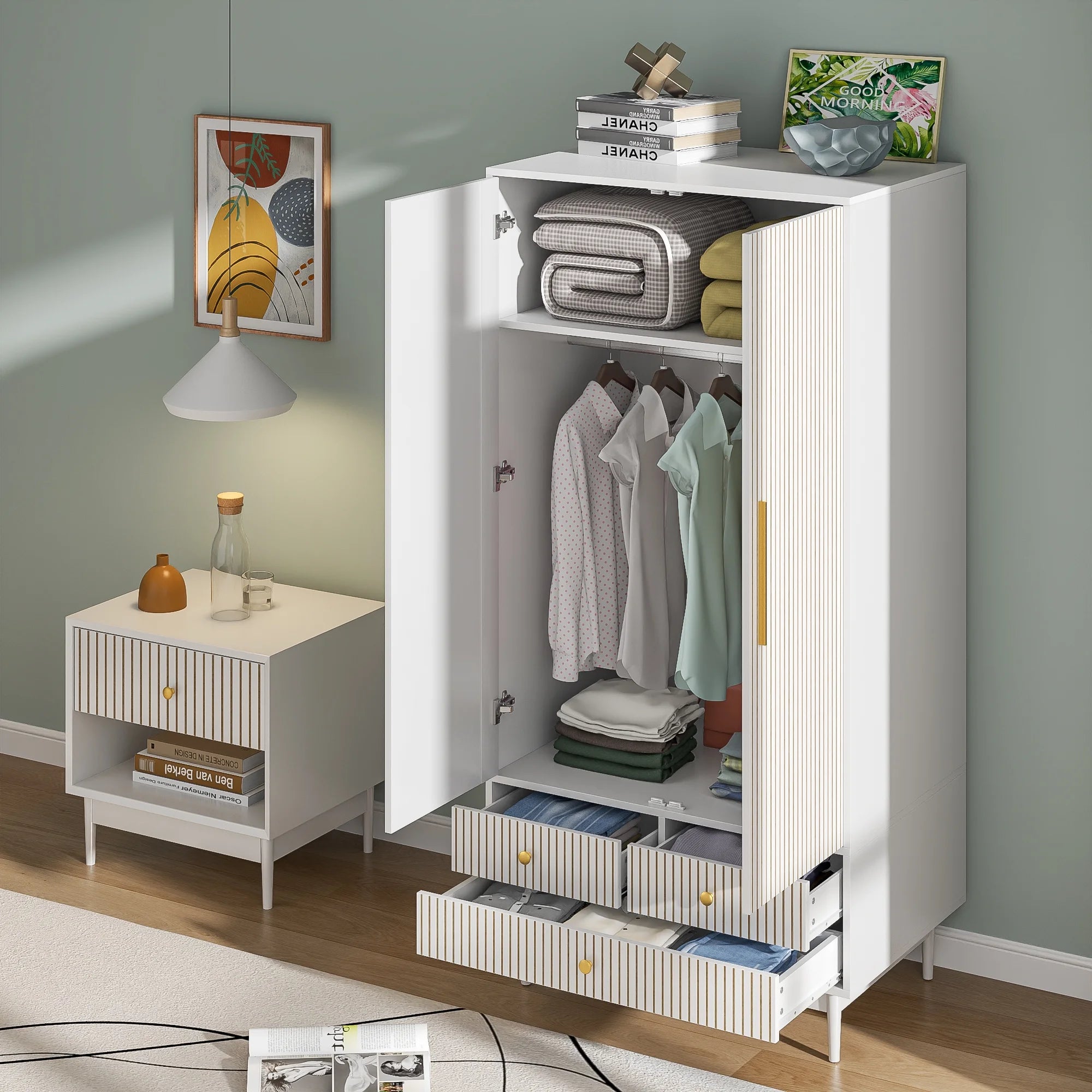 Armoire Wardrobe Closet with 2 Doors, Wardrobe Cabinet with Hanging Rod and Drawers, Wooden Closet for Bedroom, White