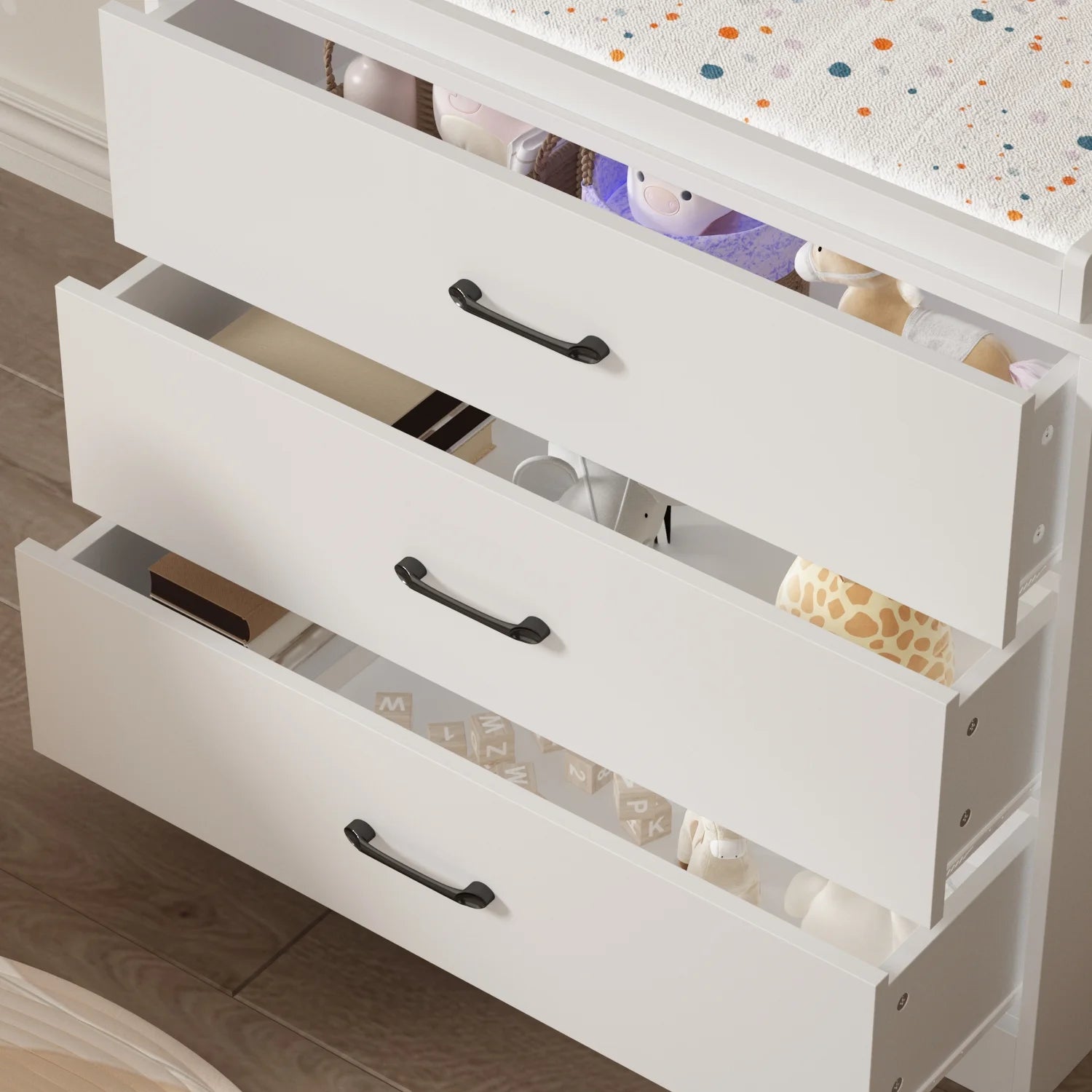 OXYLIFE 45" Baby Nursery Changing Table Dresser with 4 Drawers and Shelf for Nursery Room, White