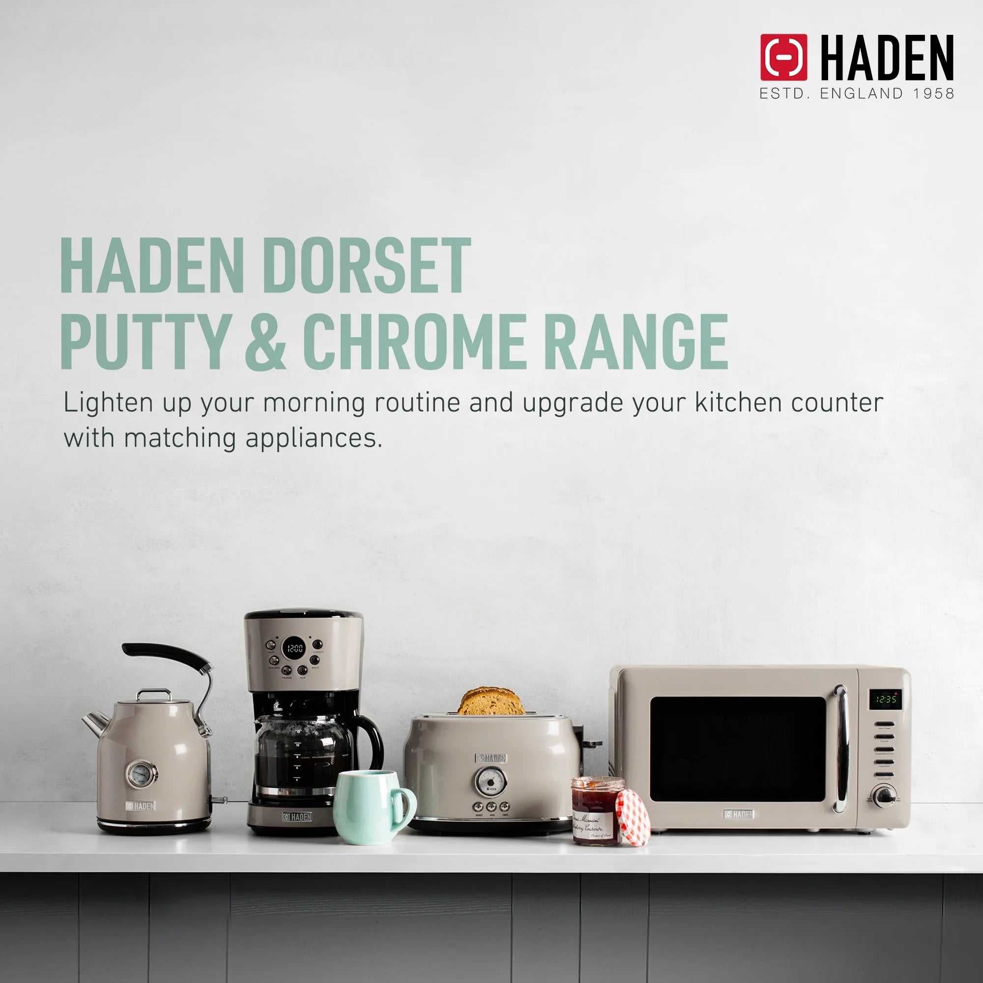 Haden Dorset 1.7 Liter Electric Water Kettle with Base, Putty & Chrome
