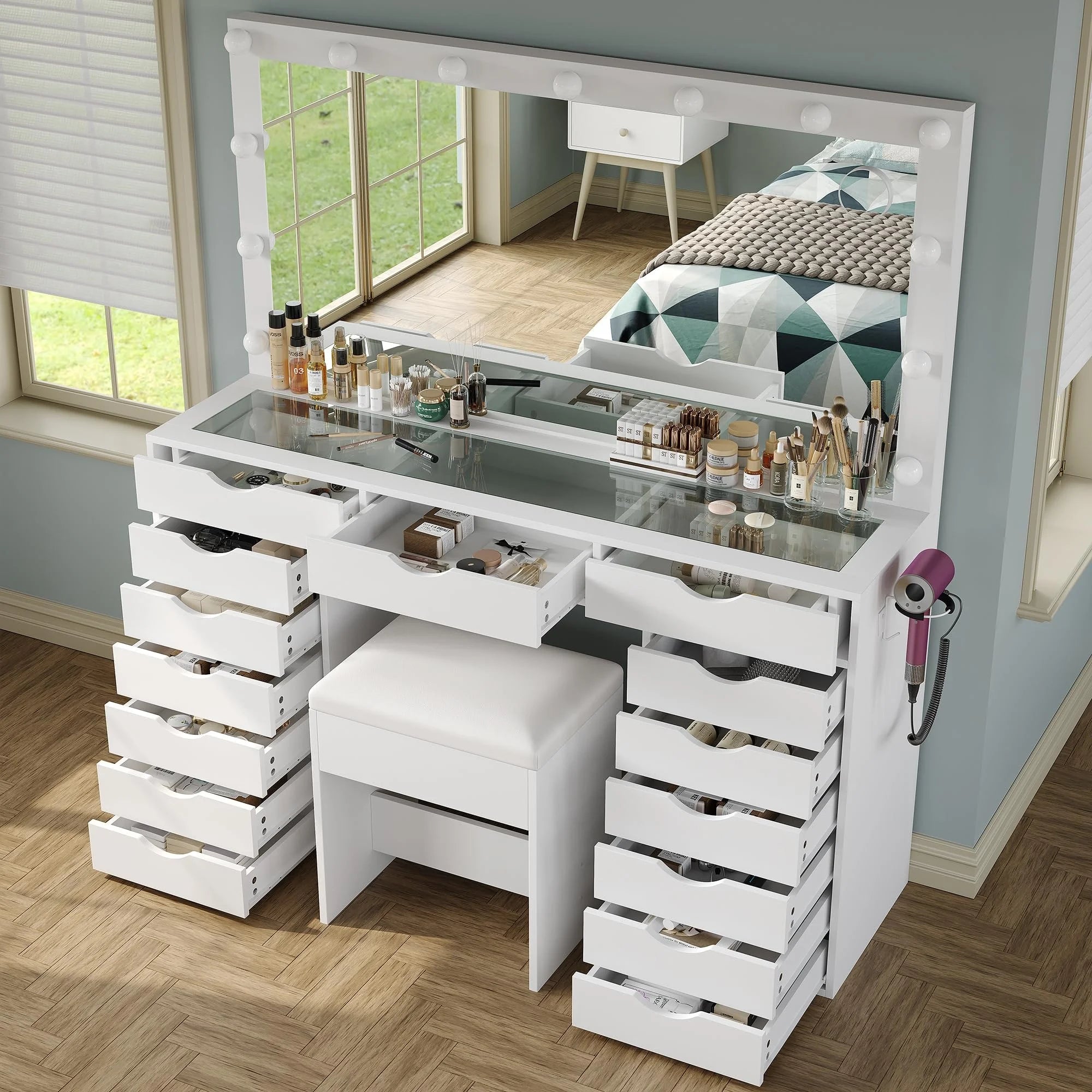 Yanosaku 15 Drawers Vanity Desk with Power Outlet, Makeup Table with Mirror and 13 LED Lights, 3 Color Lighting Modes, Brightness Adjustable, Glass Top Dressing Table, Vanity Set for Bedroom