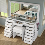 Yanosaku 15 Drawers Vanity Desk with Power Outlet, Makeup Table with Mirror and 13 LED Lights, 3 Color Lighting Modes, Brightness Adjustable, Glass Top Dressing Table, Vanity Set for Bedroom