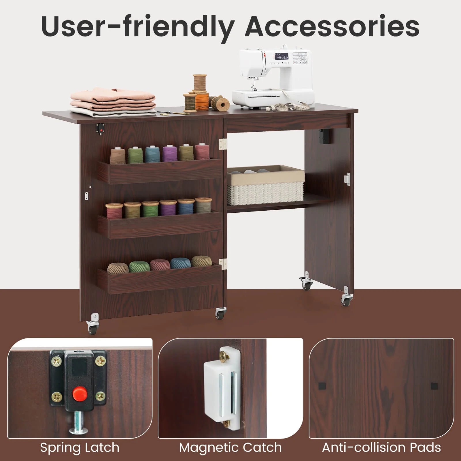 Costway Folding Sewing Table Rolling Craft Station with 3 Storage Bins & Charging Station White+natural
