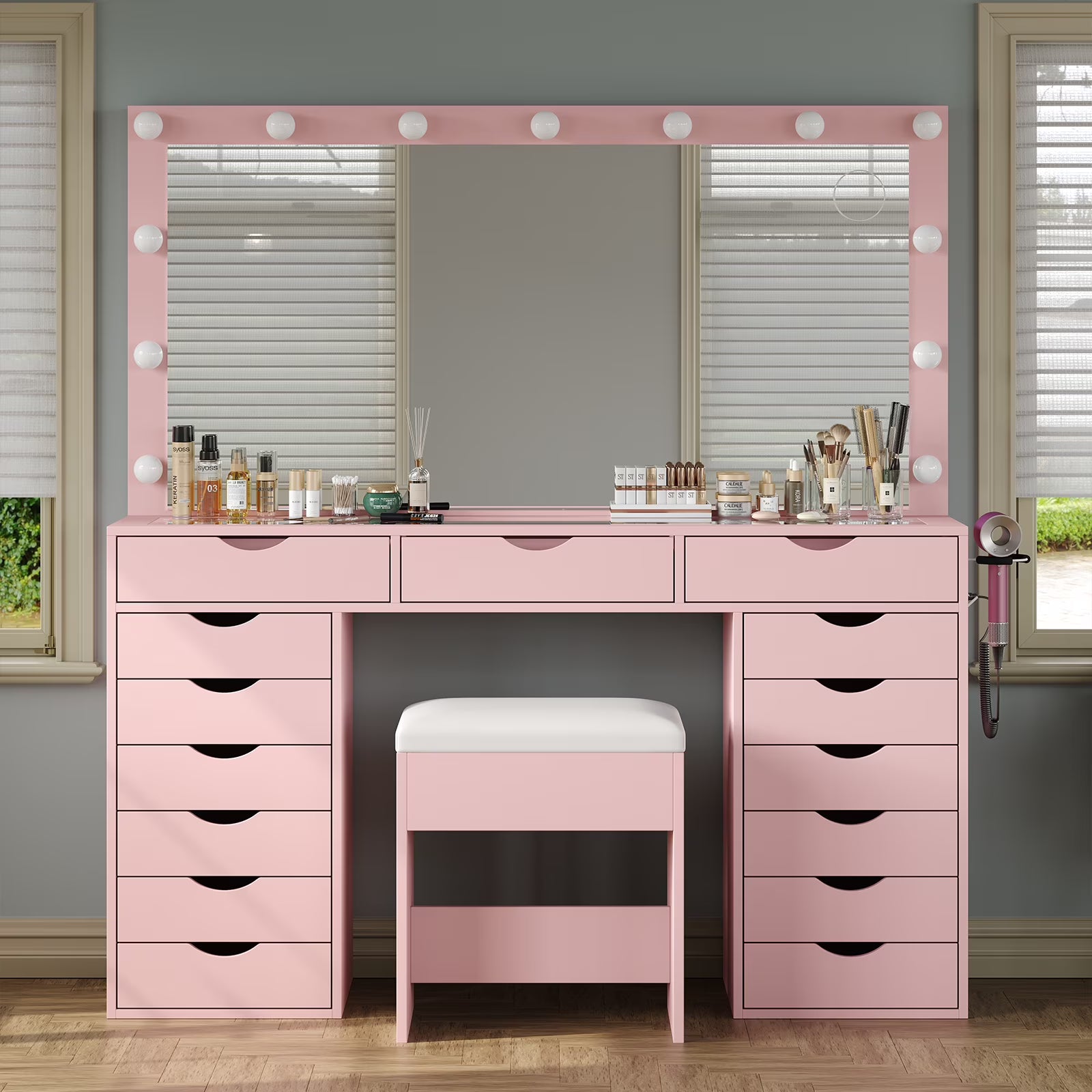Yanosaku 15 Drawers Vanity Desk with Power Outlet, Makeup Table with Mirror and 13 LED Lights, 3 Color Lighting Modes, Brightness Adjustable, Glass Top Dressing Table, Vanity Set for Bedroom