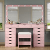 Yanosaku 15 Drawers Vanity Desk with Power Outlet, Makeup Table with Mirror and 13 LED Lights, 3 Color Lighting Modes, Brightness Adjustable, Glass Top Dressing Table, Vanity Set for Bedroom