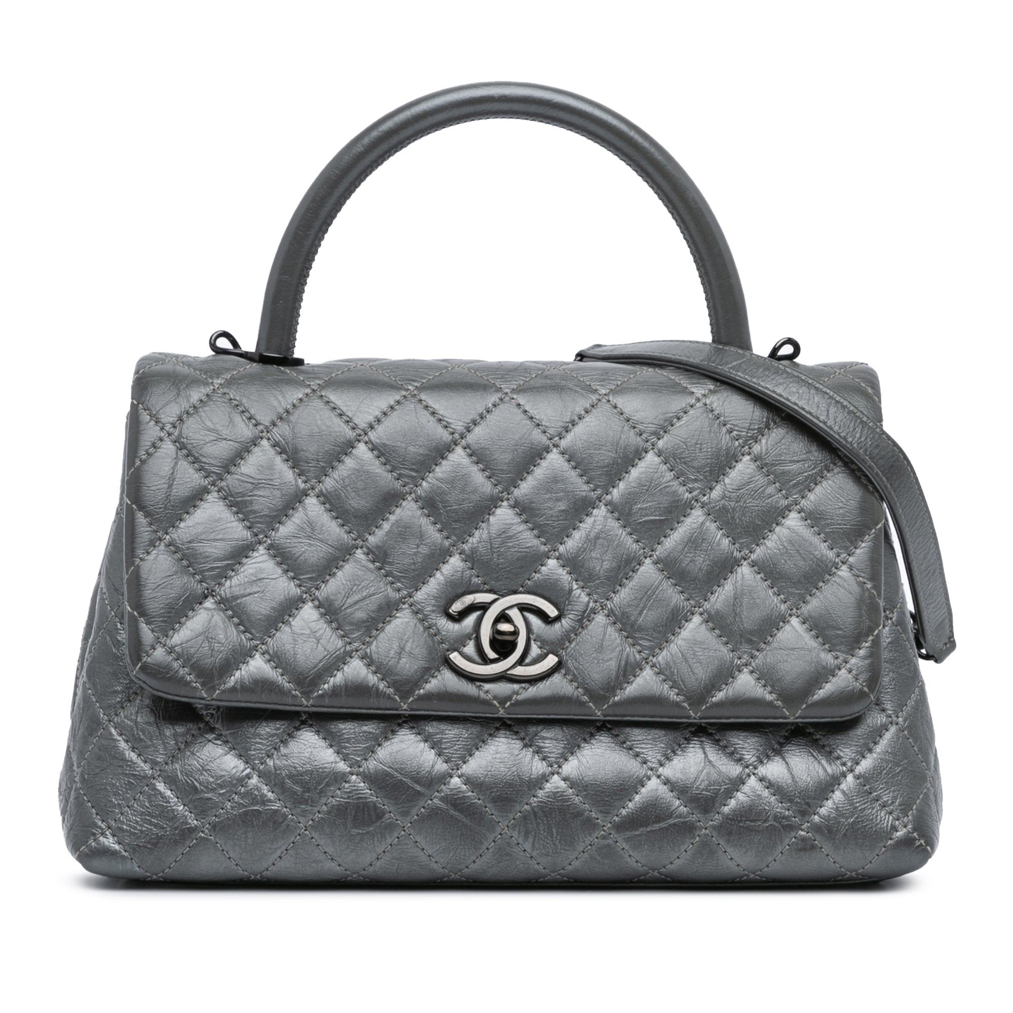 Chanel Small Quilted Aged Calfskin Coco Top Handle Bag Gray