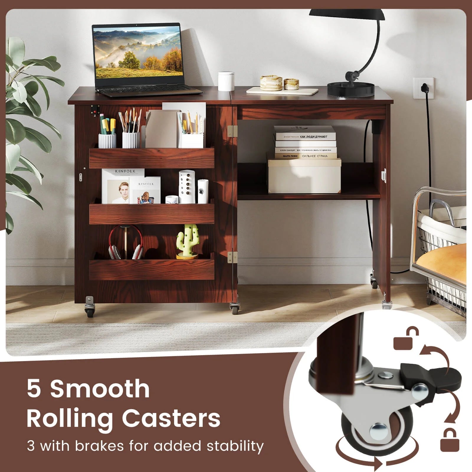 Costway Folding Sewing Table Rolling Craft Station with 3 Storage Bins & Charging Station White+natural