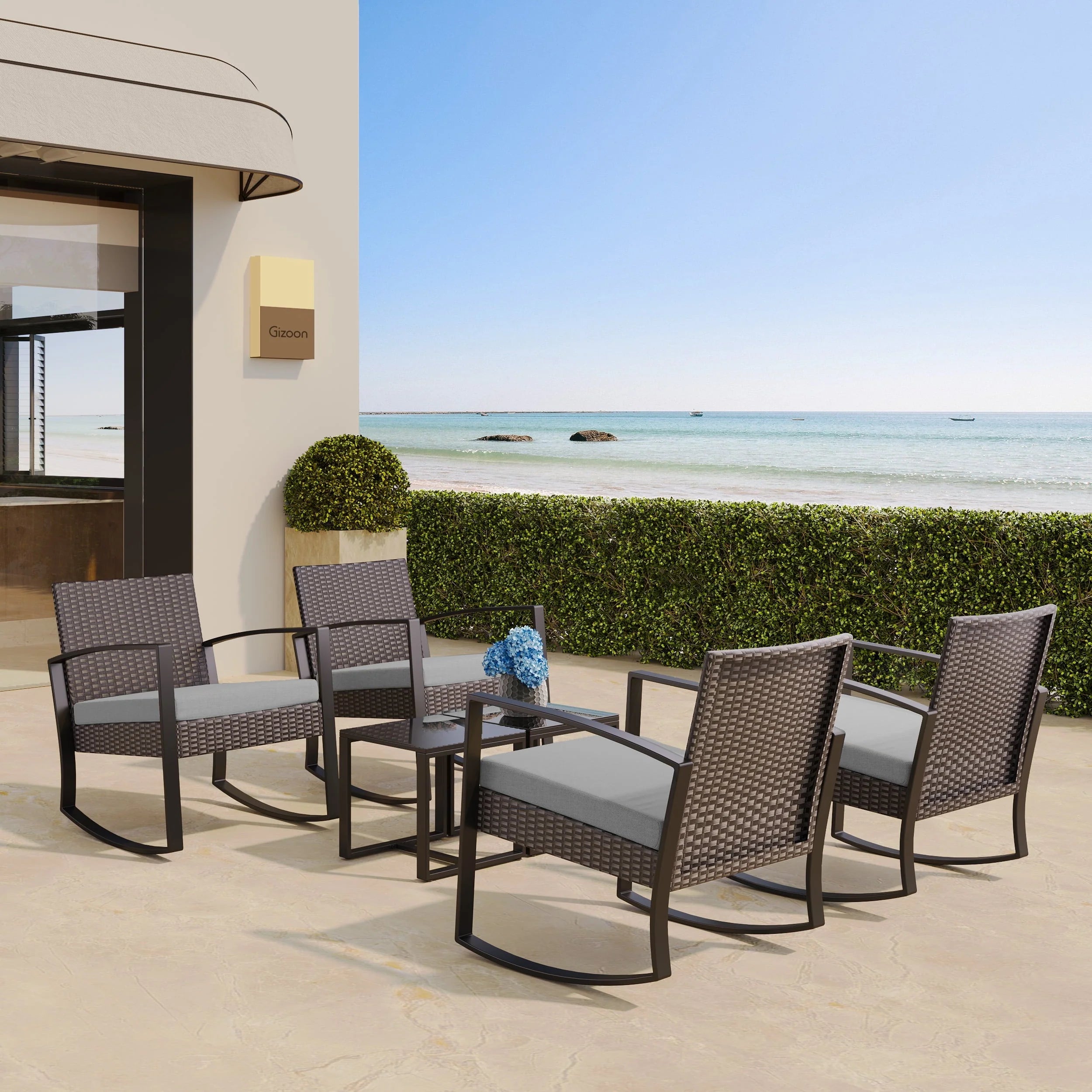 3 Pieces Wicker Patio Set Outdoor Chair Set with Glass Table Rattan Chair Modern Bistro Set for Porches and Patios, Grey Cushion