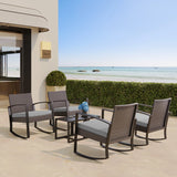 3 Pieces Wicker Patio Set Outdoor Chair Set with Glass Table Rattan Chair Modern Bistro Set for Porches and Patios, Grey Cushion