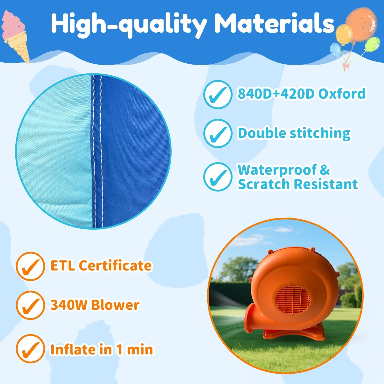 Mukidy 114''x 114'' x 92.5'' Inflatable Bounce Houses for Kids 3-10 with Blower Double Slide and Ball Pit/Indoor Bouncy House, PVC, Child, Teen, Toddler��Blue
