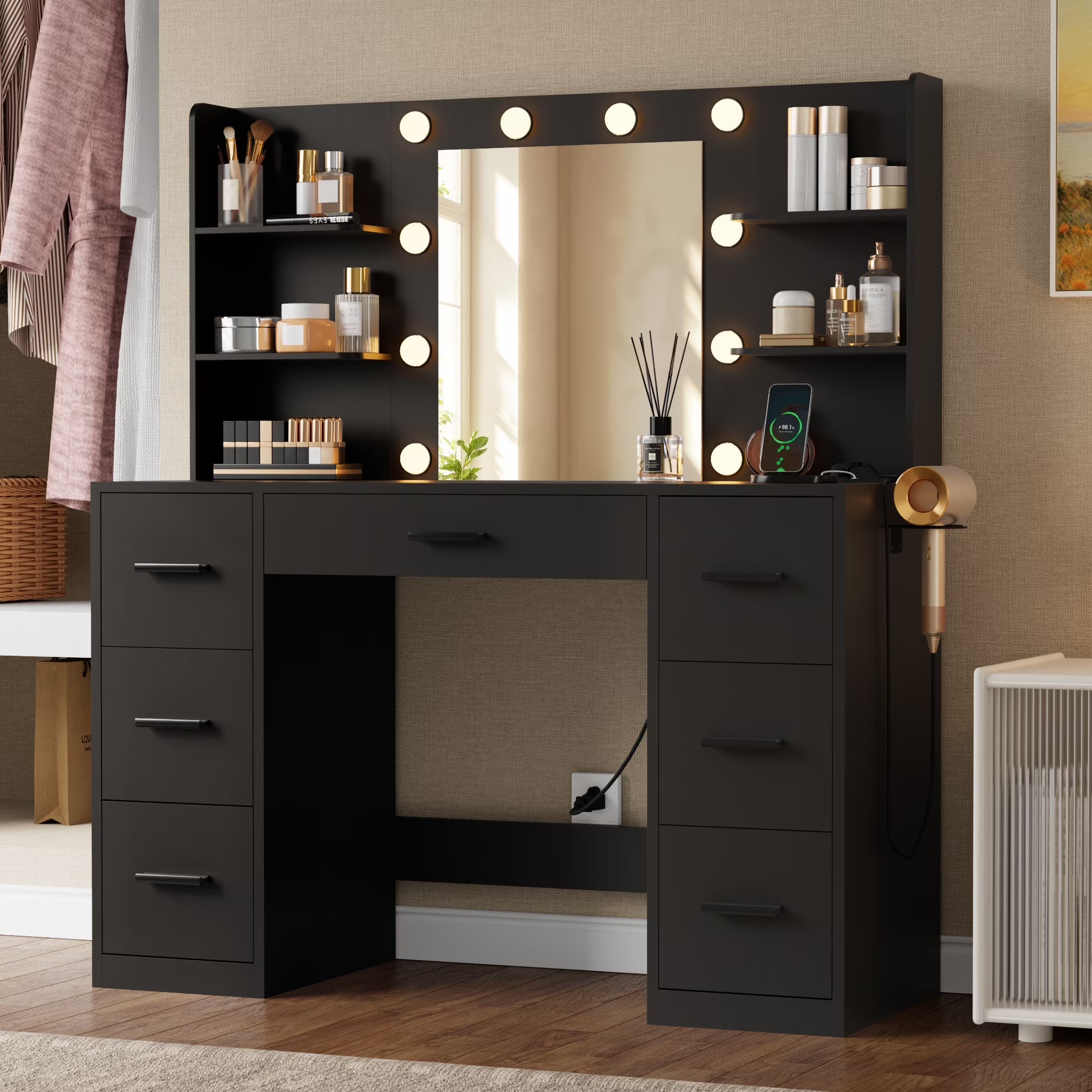 Lacoo Vanity Desk with Mirror and LED Lights, Makeup Vanity with 7 Drawers & 4 Shelves, Vanity Table with Power Outlet for Bedroom Dressing Room, White