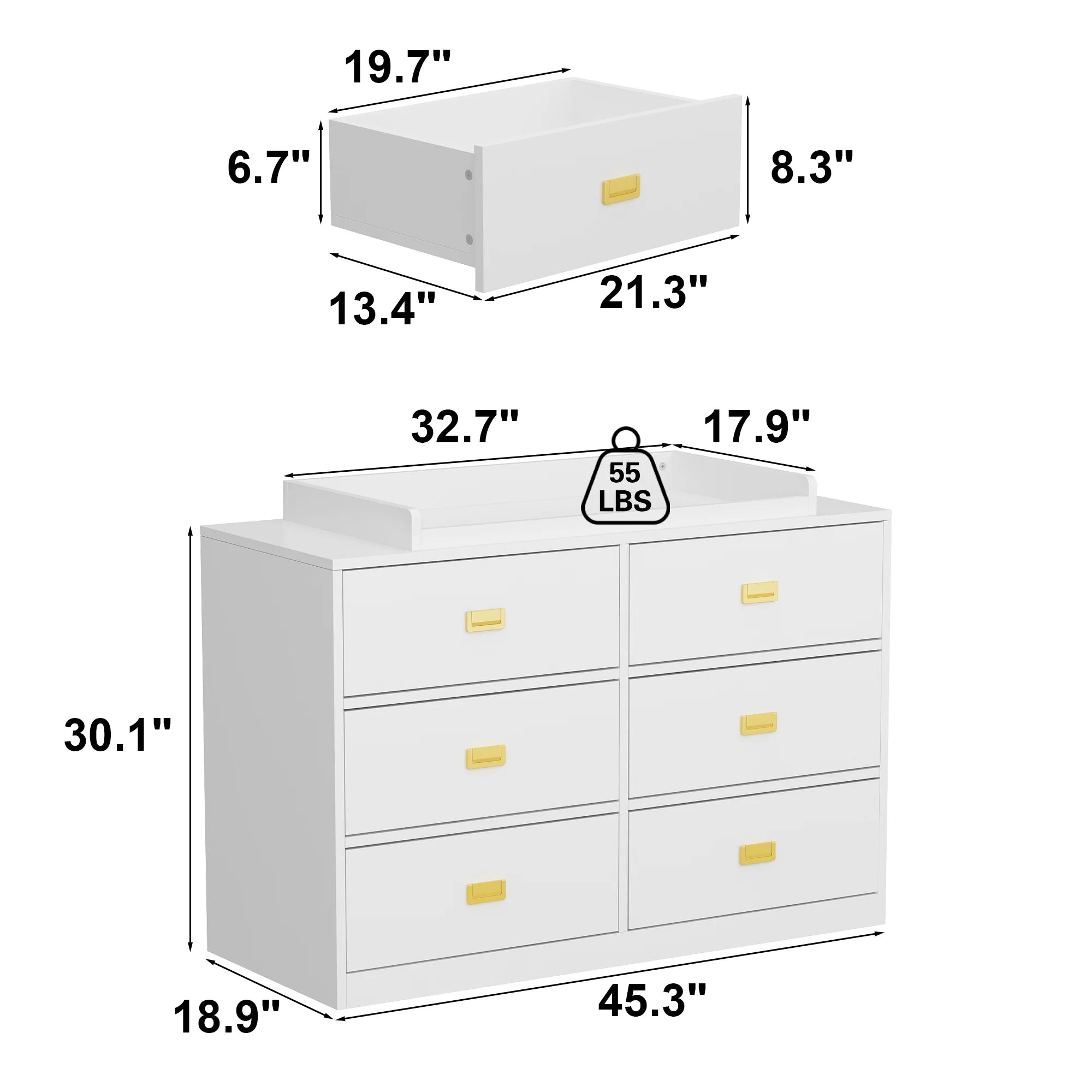 OXYLIFE 45" Baby Nursery Changing Table Dresser with 4 Drawers and Shelf for Nursery Room, White