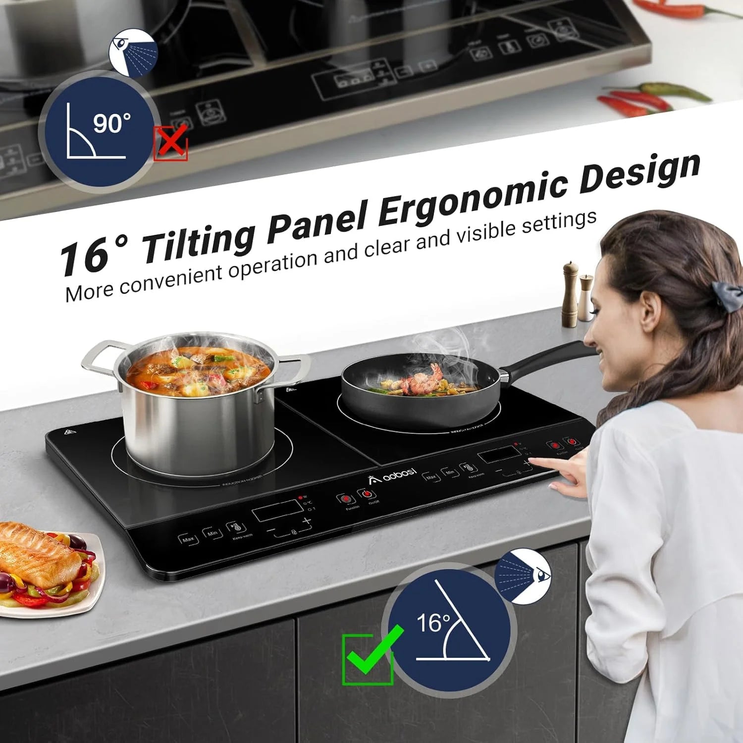 Aobosi Double Induction Cooktop with 2 Burners, 1800W Electric Stove Cooktop with Sensor Touch, 10 Temperature 9 Power Settings