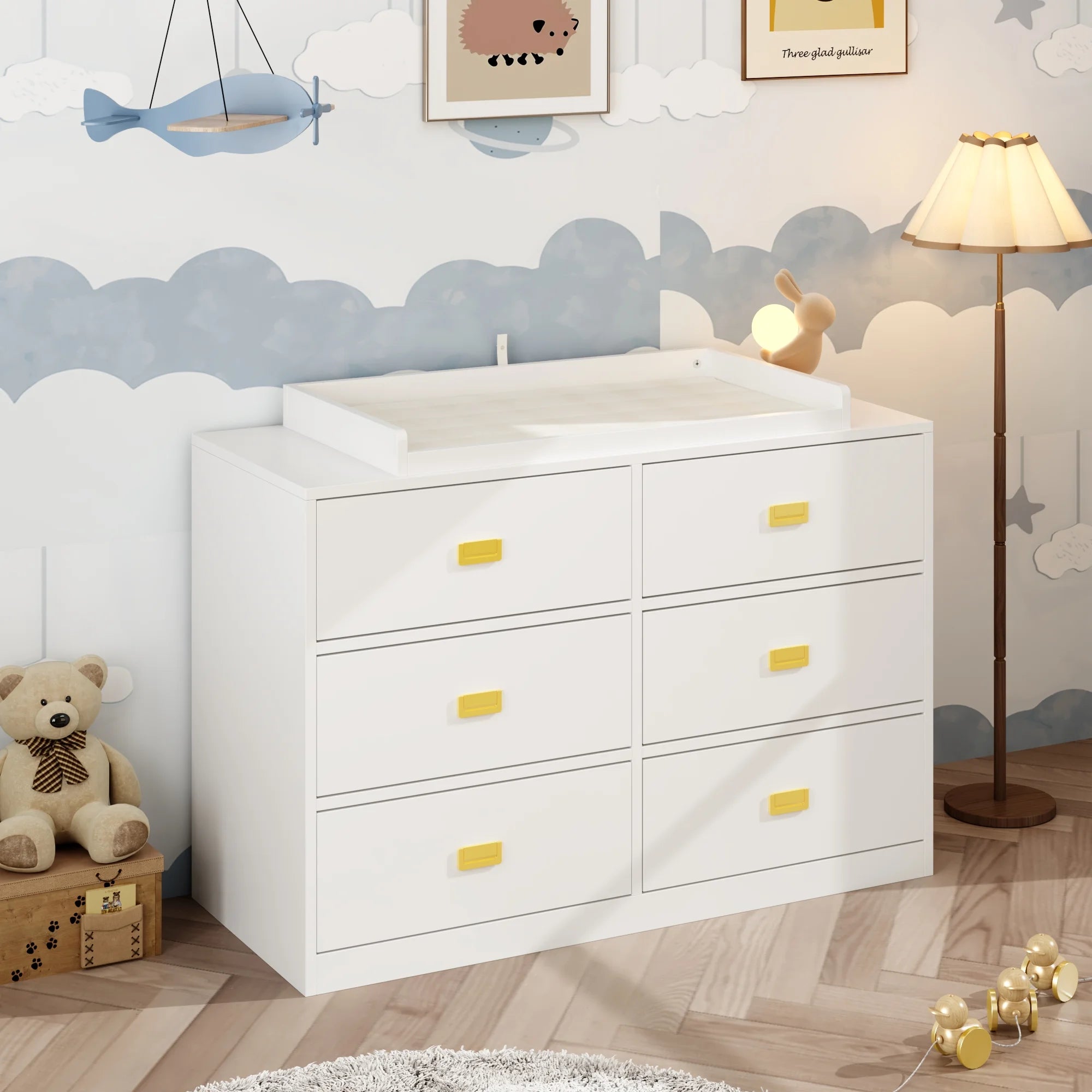 OXYLIFE 45" Baby Nursery Changing Table Dresser with 4 Drawers and Shelf for Nursery Room, White
