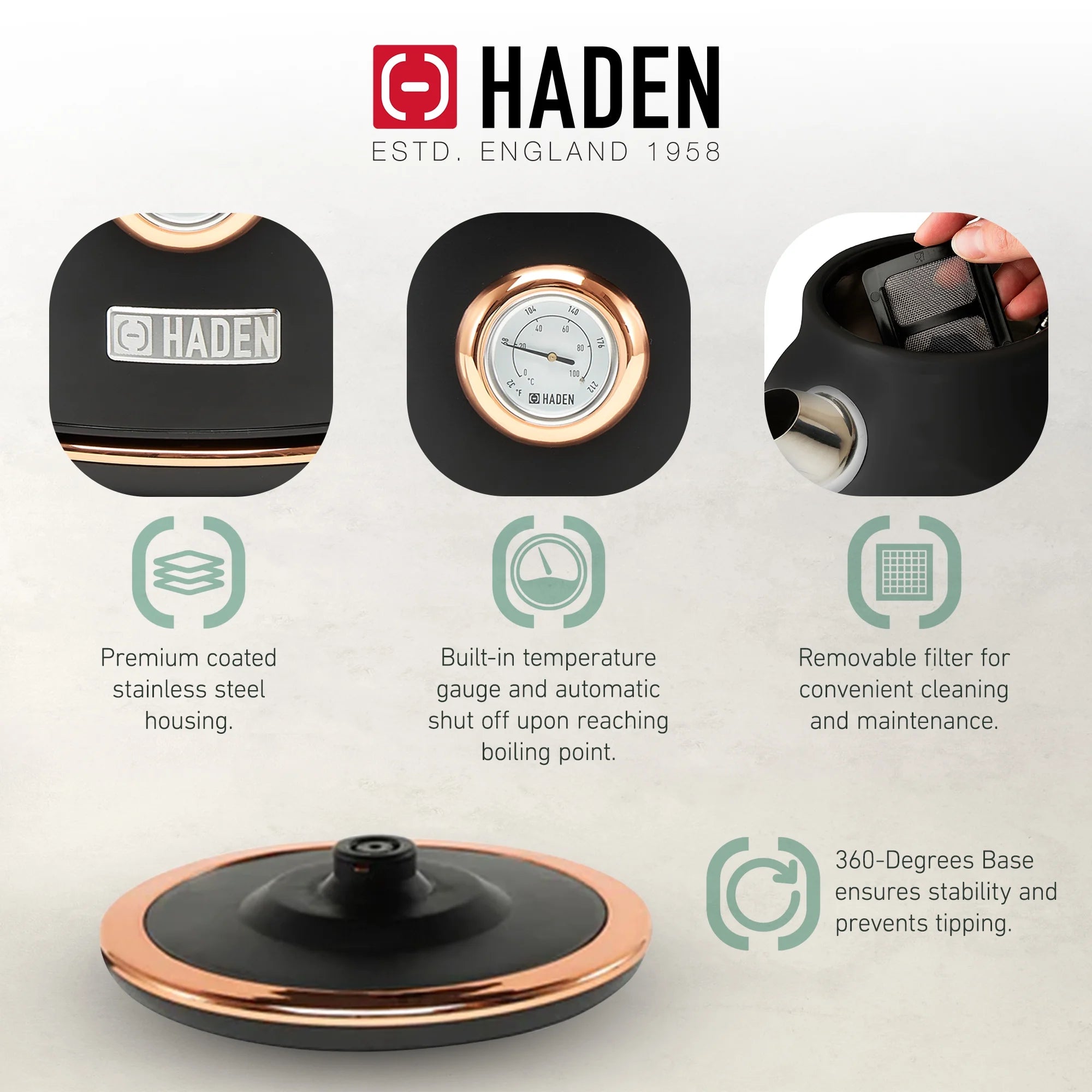 Haden Dorset 1.7 Liter Electric Water Kettle with Base, Putty & Chrome