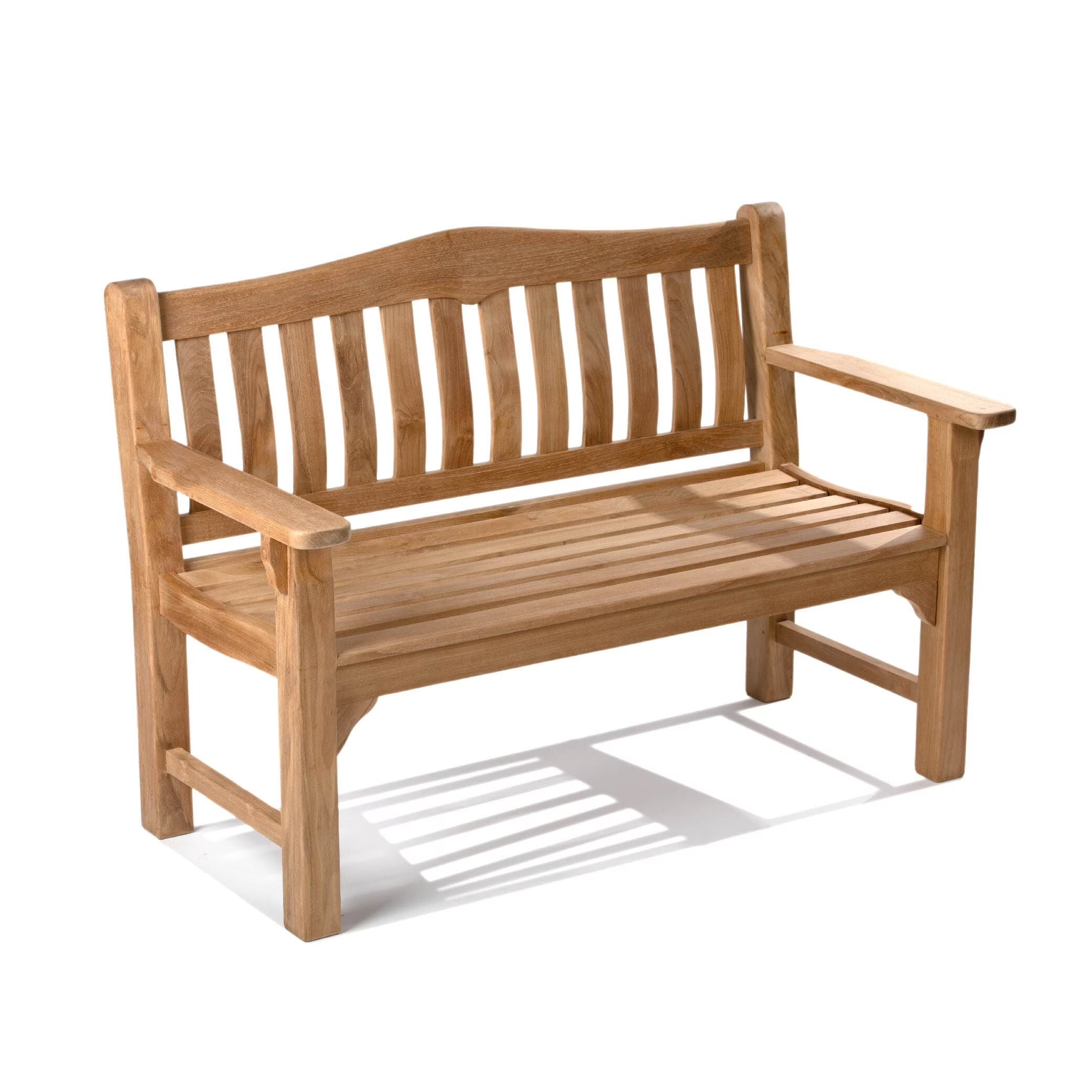 Hawthorne Grade A Teak 53" Bench, Seats 2 People Comfortably, Weather Resistant Indoor Outdoor Solid Wood Patio Furniture with Tightly Spaced Slats, Bowed Back, Armrests