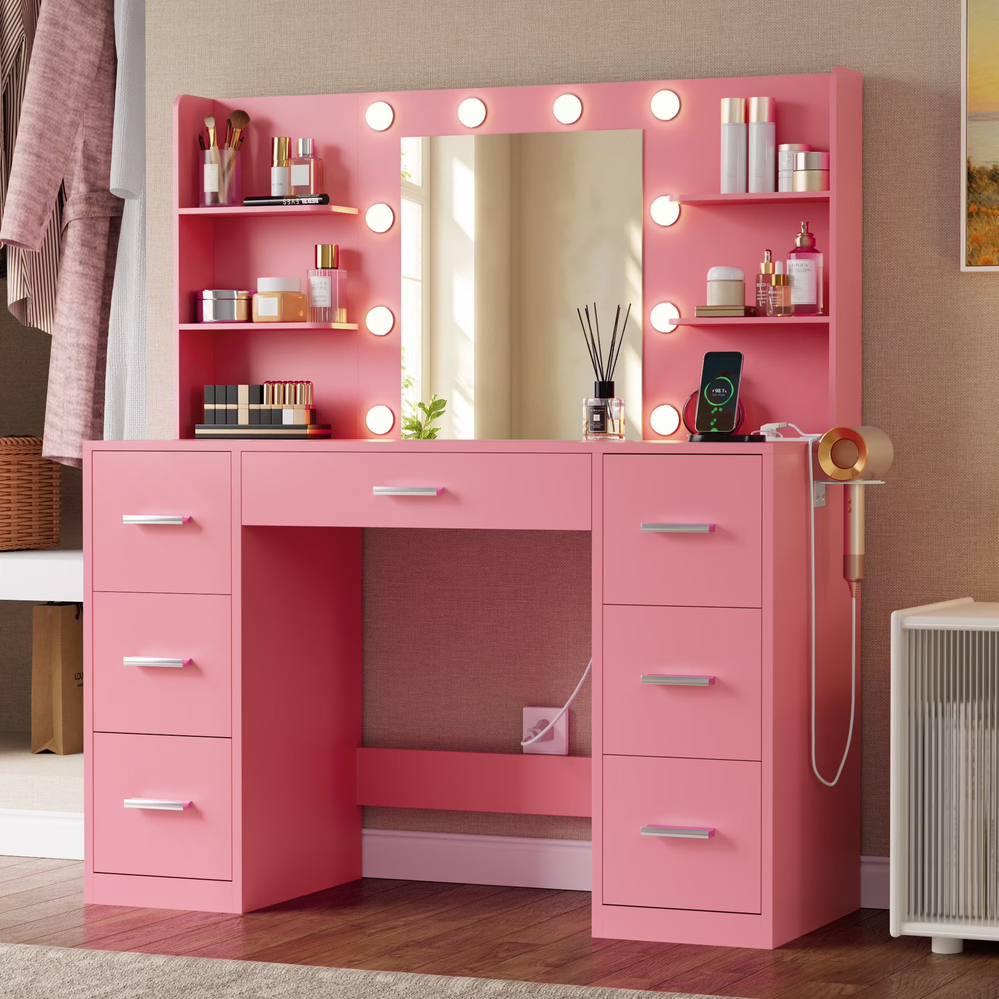Lacoo Vanity Desk with Mirror and LED Lights, Makeup Vanity with 7 Drawers & 4 Shelves, Vanity Table with Power Outlet for Bedroom Dressing Room, White