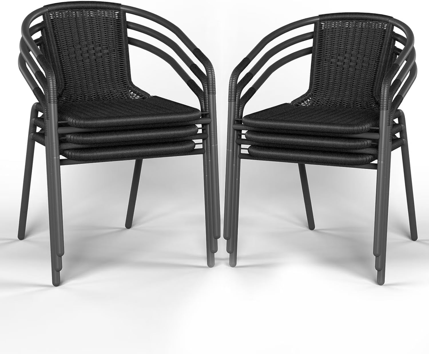 Outdoor Dining Chairs Set of 6, Wicker Patio Chairs with Metal Frame, Rattan Indoor-Outdoor Chairs for Bistro, Deck, Backyard, Porch, Restaurant Stack Chair 6 Pack (Black)