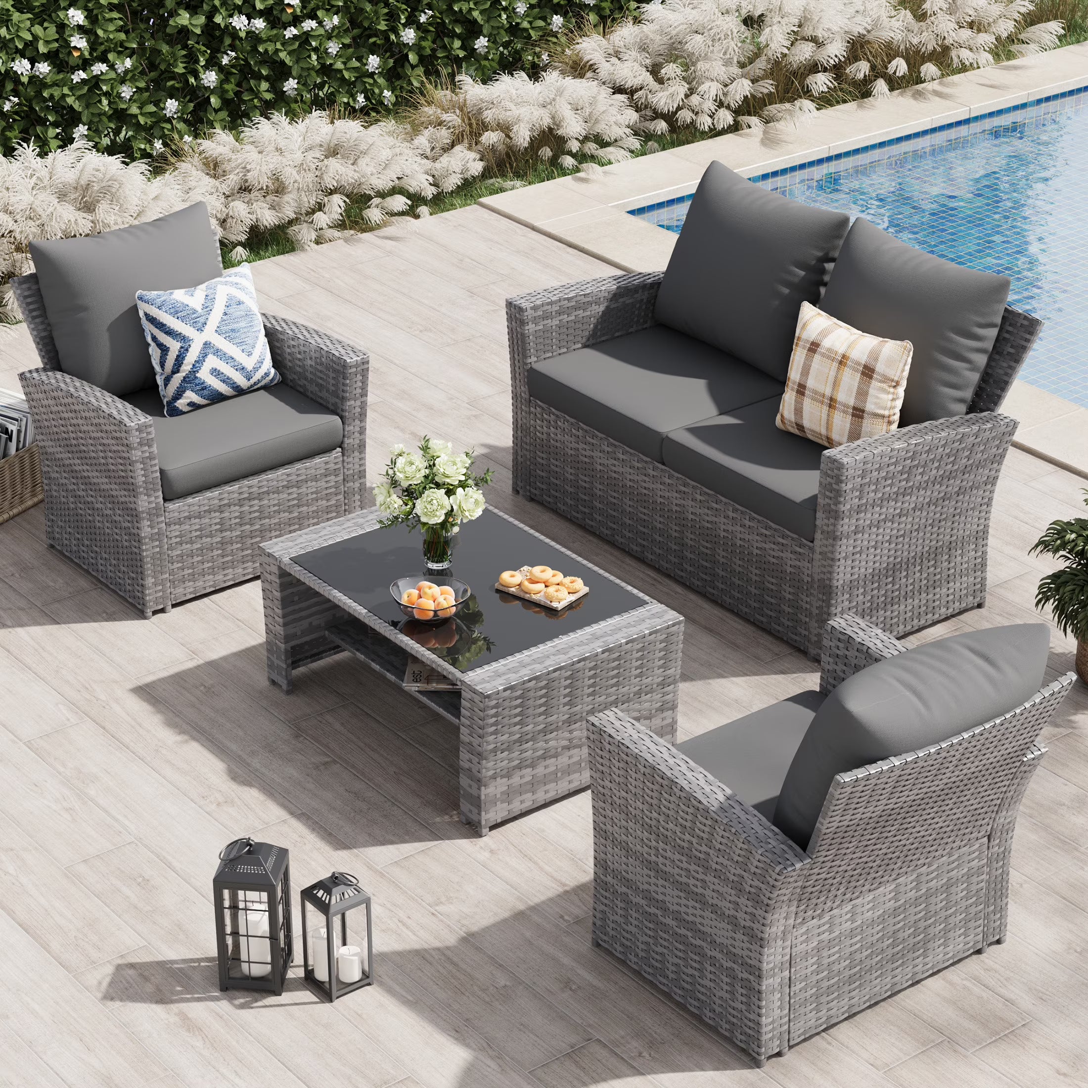 Wicker Patio Furniture Set, 4 Piece Outdoor Sectional Conversation Sets, Gray PE Rattan Patio Sofa Set for Balcony, Porch, Backyard, Grey