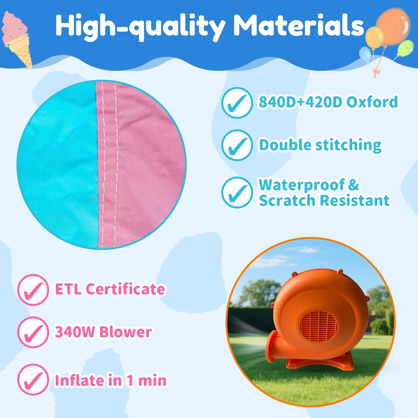 Mukidy 114''x 114'' x 92.5'' Inflatable Bounce Houses for Kids 3-10 with Blower Double Slide and Ball Pit/Indoor Bouncy House, PVC, Child, Teen, Toddler��Blue