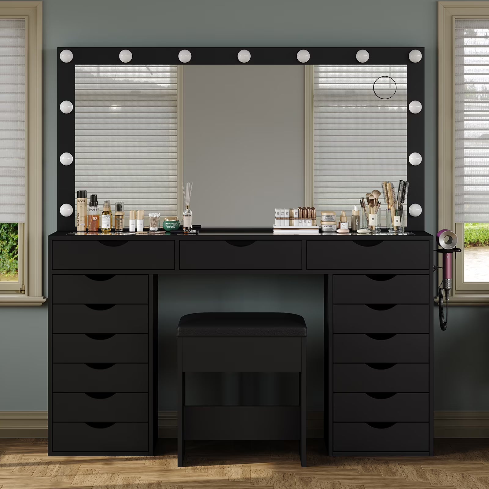 Yanosaku 15 Drawers Vanity Desk with Power Outlet, Makeup Table with Mirror and 13 LED Lights, 3 Color Lighting Modes, Brightness Adjustable, Glass Top Dressing Table, Vanity Set for Bedroom