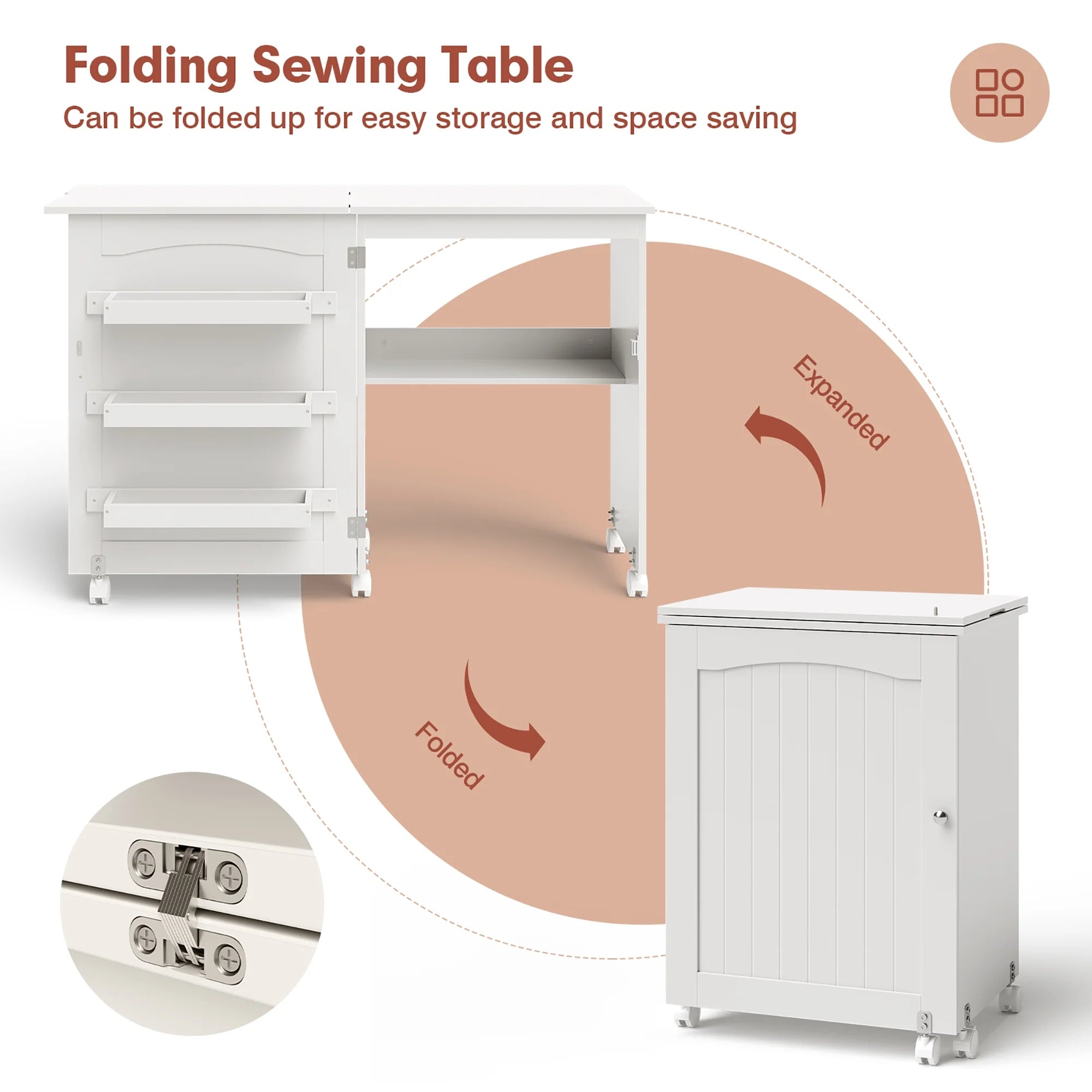 Costway Folding Sewing Table Rolling Craft Station with 3 Storage Bins & Charging Station White+natural