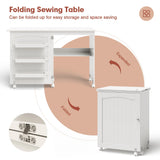 Costway Folding Sewing Table Rolling Craft Station with 3 Storage Bins & Charging Station White+natural