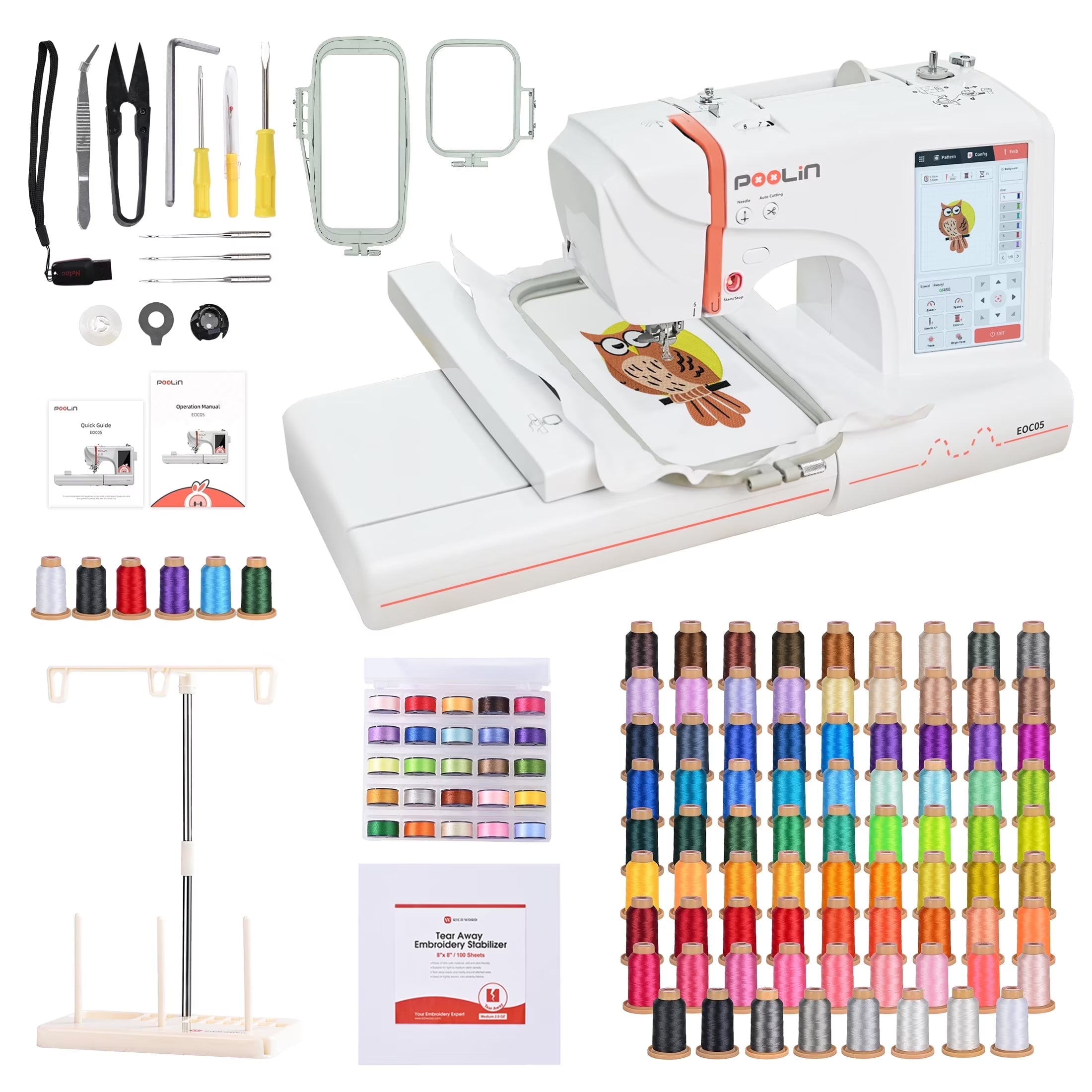 Poolin EOC05 Embroidery Machine 4x9.25" Area, 7" Touch Screen with kit