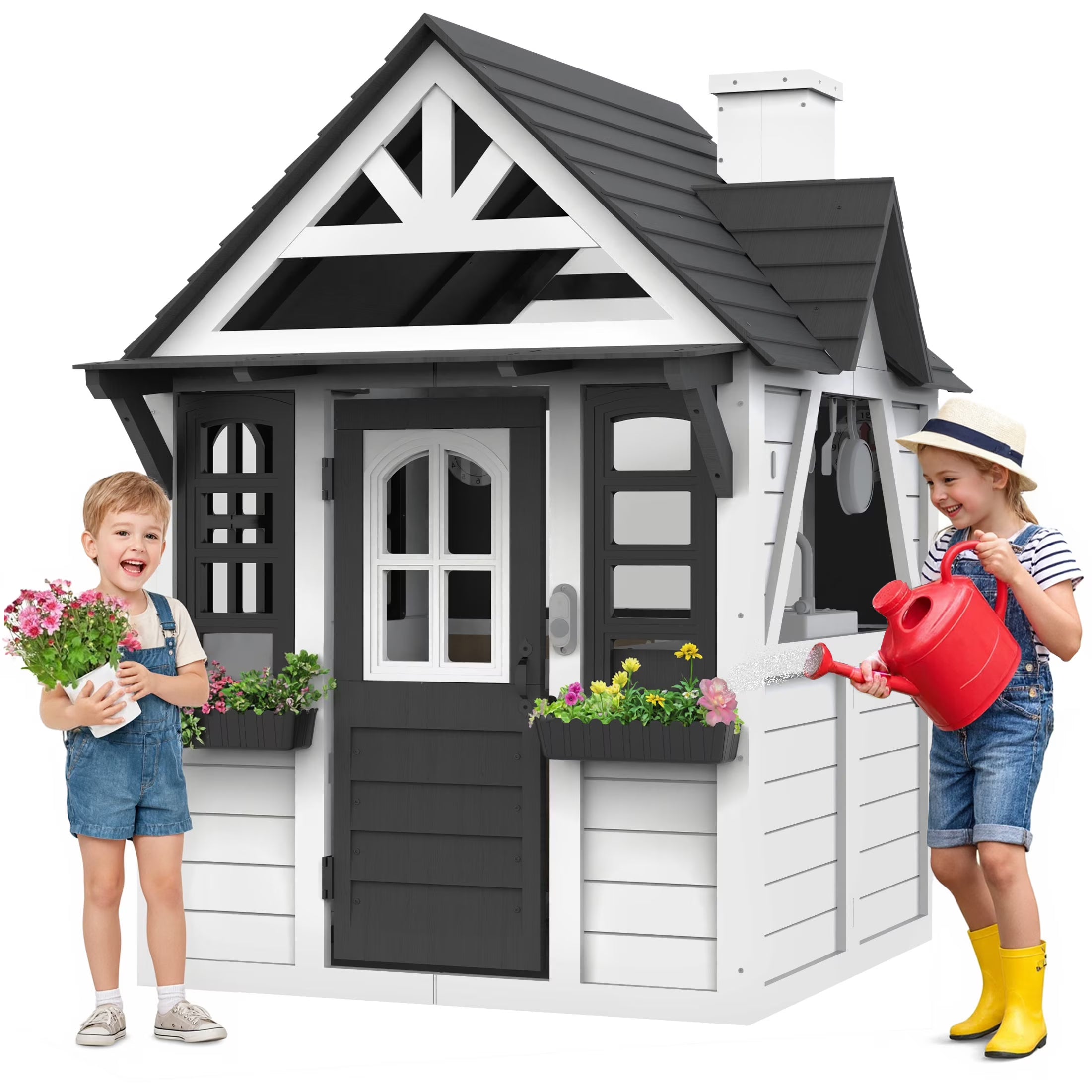 Outdoor Playhouse for Kids Ages 4-8, Wooden Play House with Doorbell, Phone, Kitchen Toys, Outdoor Kids Play Equipment, Casa Para Niñas (45”L x 65”H), White & Black