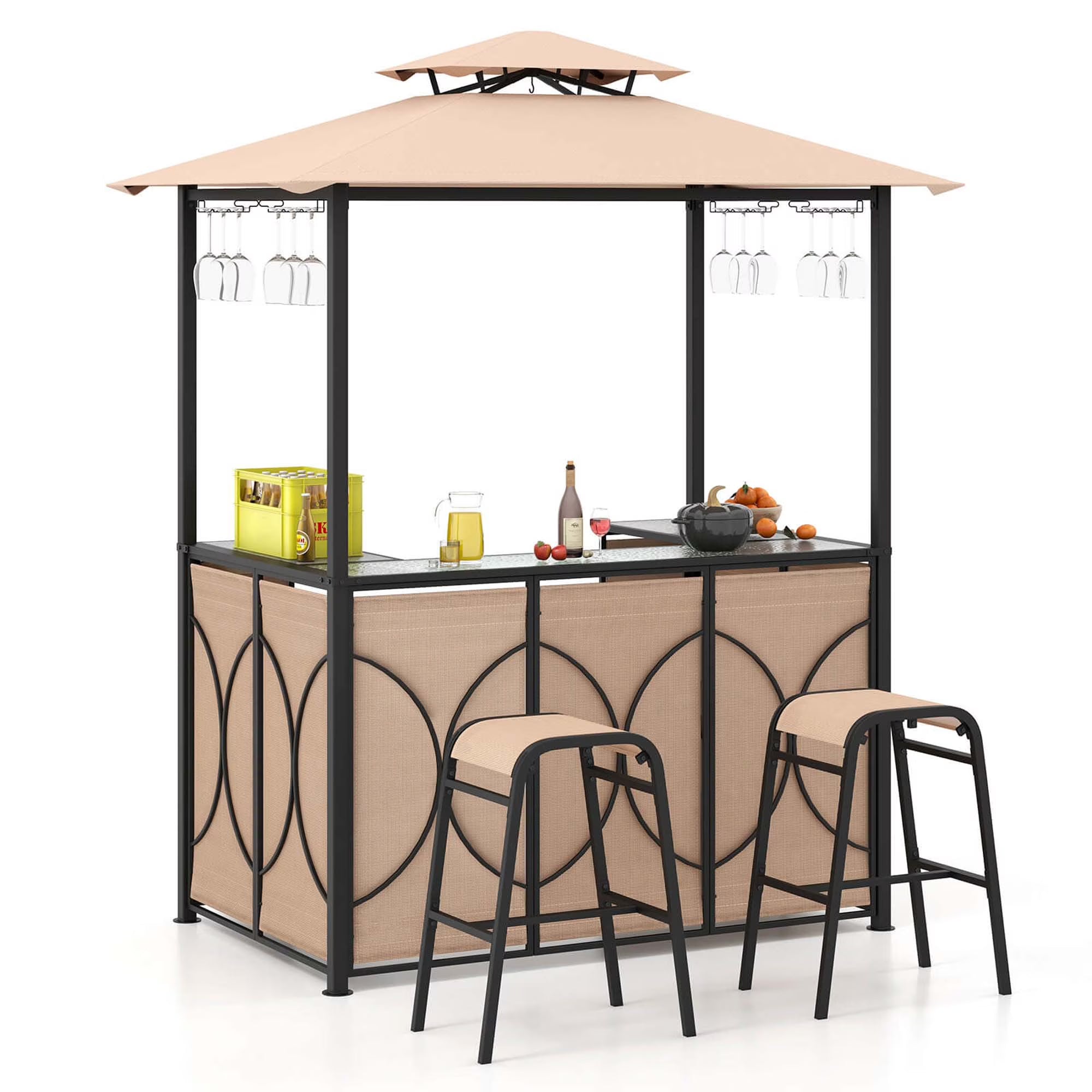 Costway 3 PCS Patio Bar Set with Tempered Glass Bar Table Metal Storage Shelves for Garden Grey