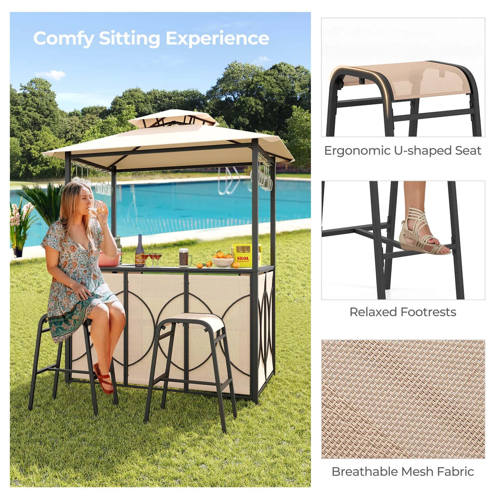 Costway 3 PCS Patio Bar Set with Tempered Glass Bar Table Metal Storage Shelves for Garden Grey