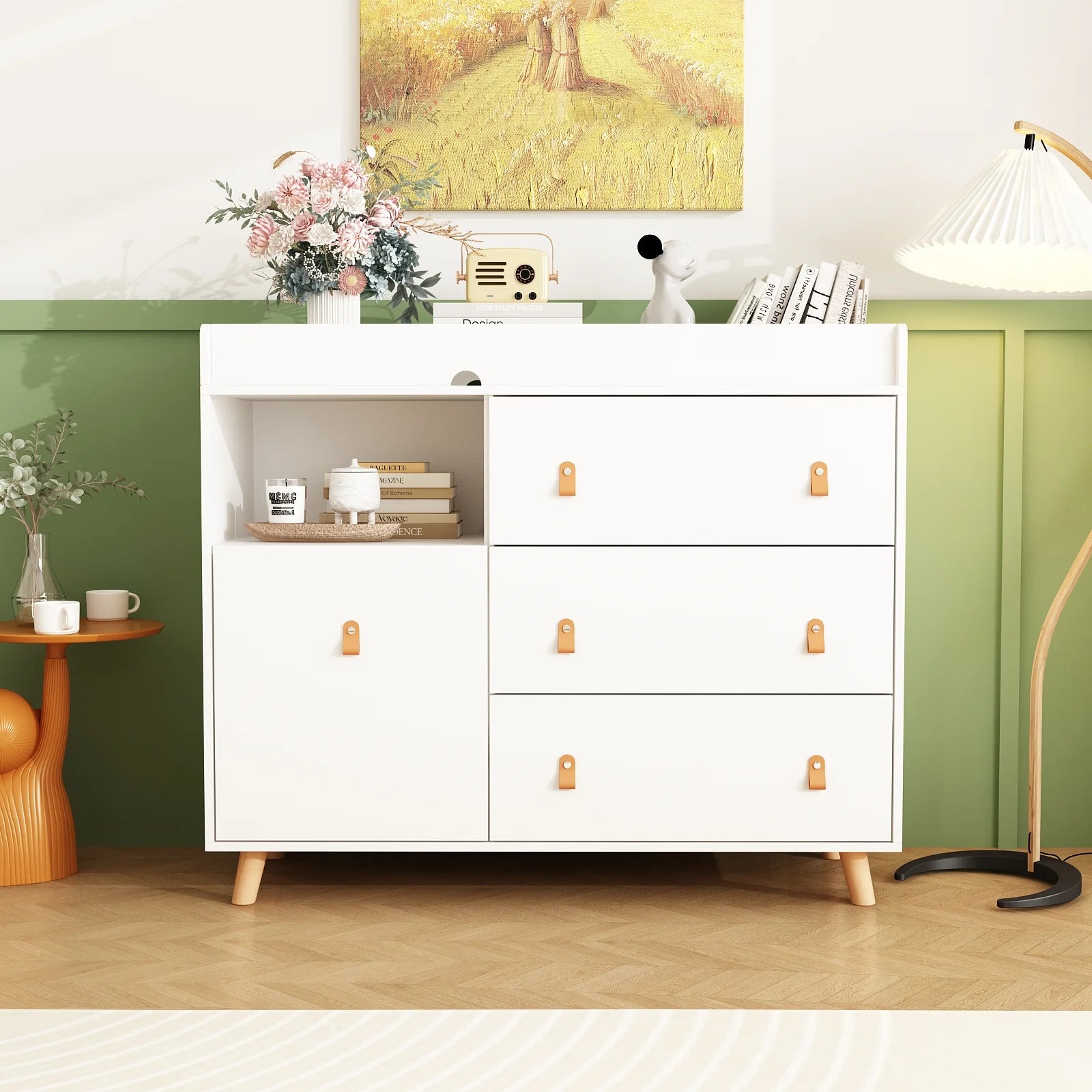OXYLIFE 45" Baby Nursery Changing Table Dresser with 4 Drawers and Shelf for Nursery Room, White