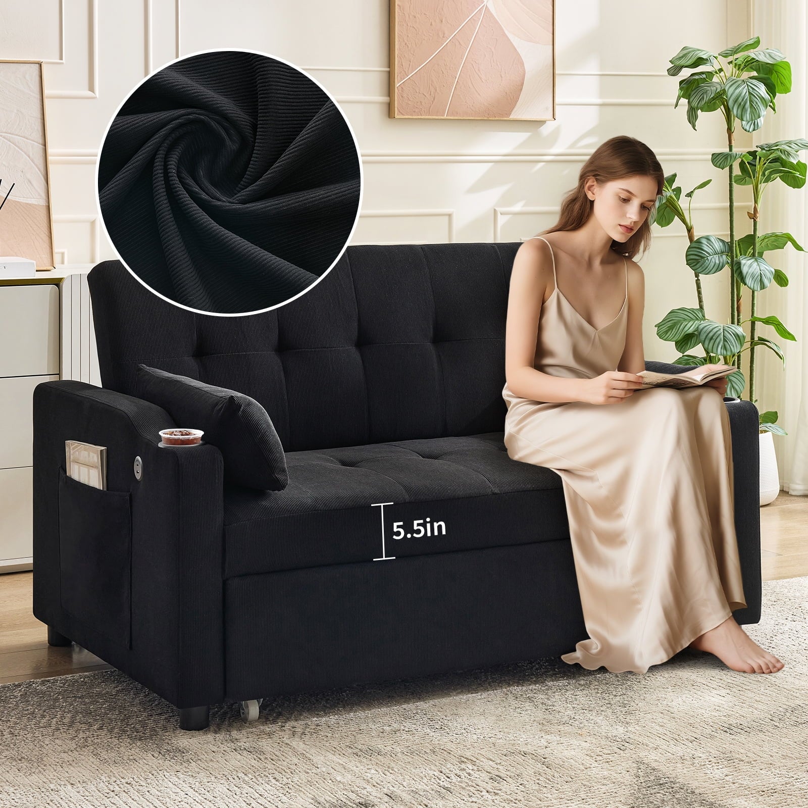 3 in 1 Convertible Sleeper Sofa Bed, Corduroy Futon Couches with Pull-Out Bed, Adjustable Backrest, Charging Port & Side Pockets, Modern Upholstered Sofa for Living Room, Guest Room