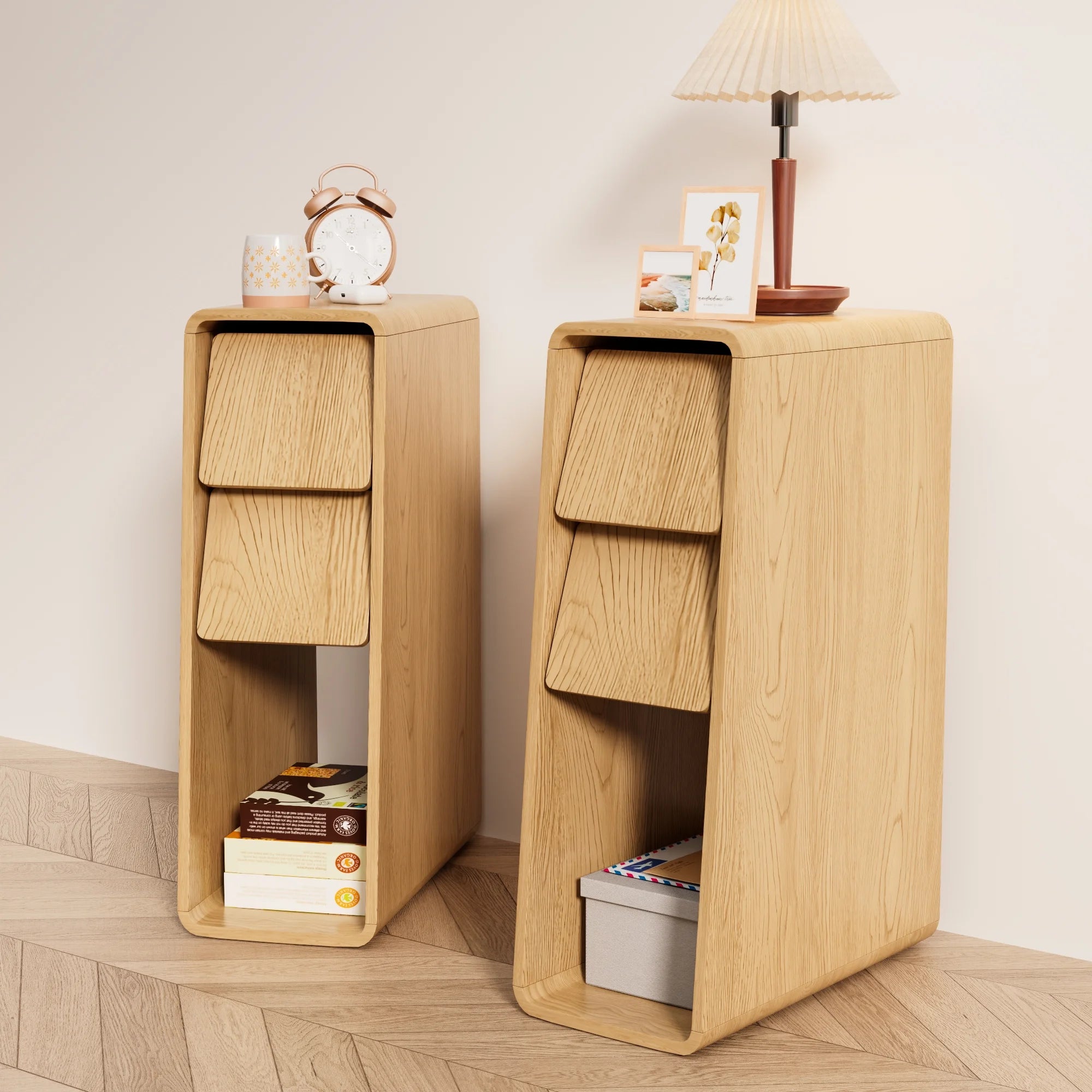 Narrow Nightstand Set of 2 with Drawers, Fluted Slim Side End Table with Storage for Small Spaces