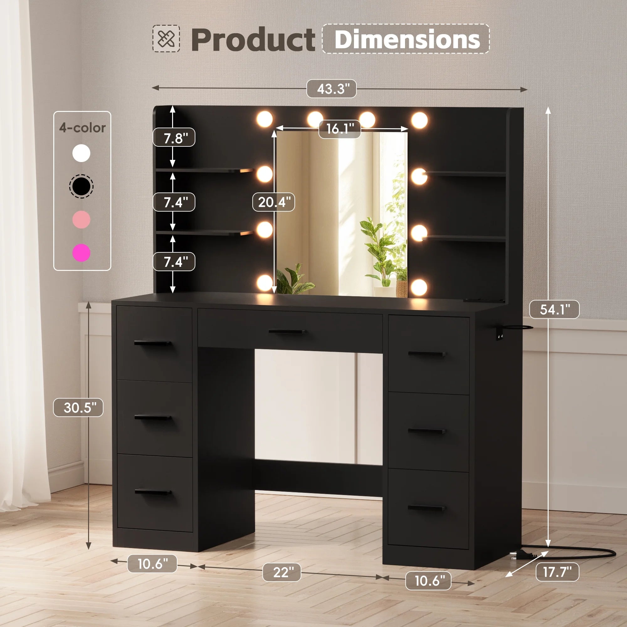 Lacoo Vanity Desk with Mirror and LED Lights, Makeup Vanity with 7 Drawers & 4 Shelves, Vanity Table with Power Outlet for Bedroom Dressing Room, White