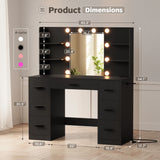 Lacoo Vanity Desk with Mirror and LED Lights, Makeup Vanity with 7 Drawers & 4 Shelves, Vanity Table with Power Outlet for Bedroom Dressing Room, White
