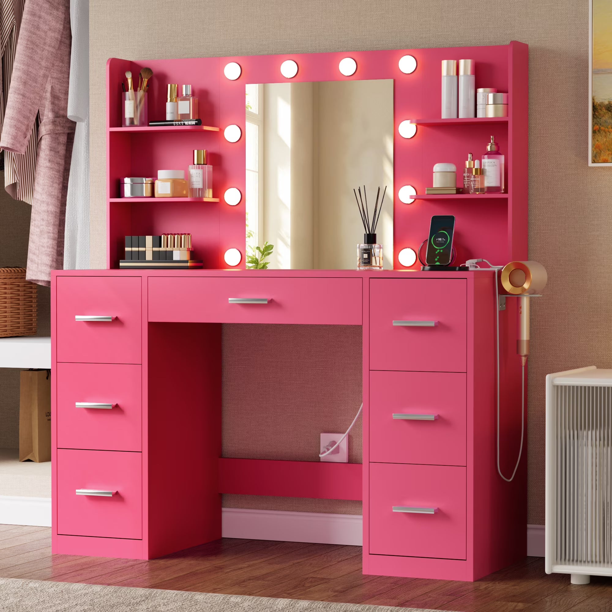Lacoo Vanity Desk with Mirror and LED Lights, Makeup Vanity with 7 Drawers & 4 Shelves, Vanity Table with Power Outlet for Bedroom Dressing Room, White