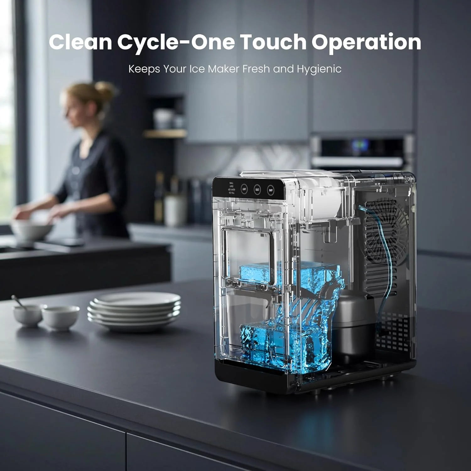 Moifoi Ice Maker Countertop, 26 lbs/24 H, 8 Pcs Ice  in 6 Mins, Portable Ice Maker Machine with Self-Cleaning, Interior Lighting,  2 Sizes Bullet Ice, Black