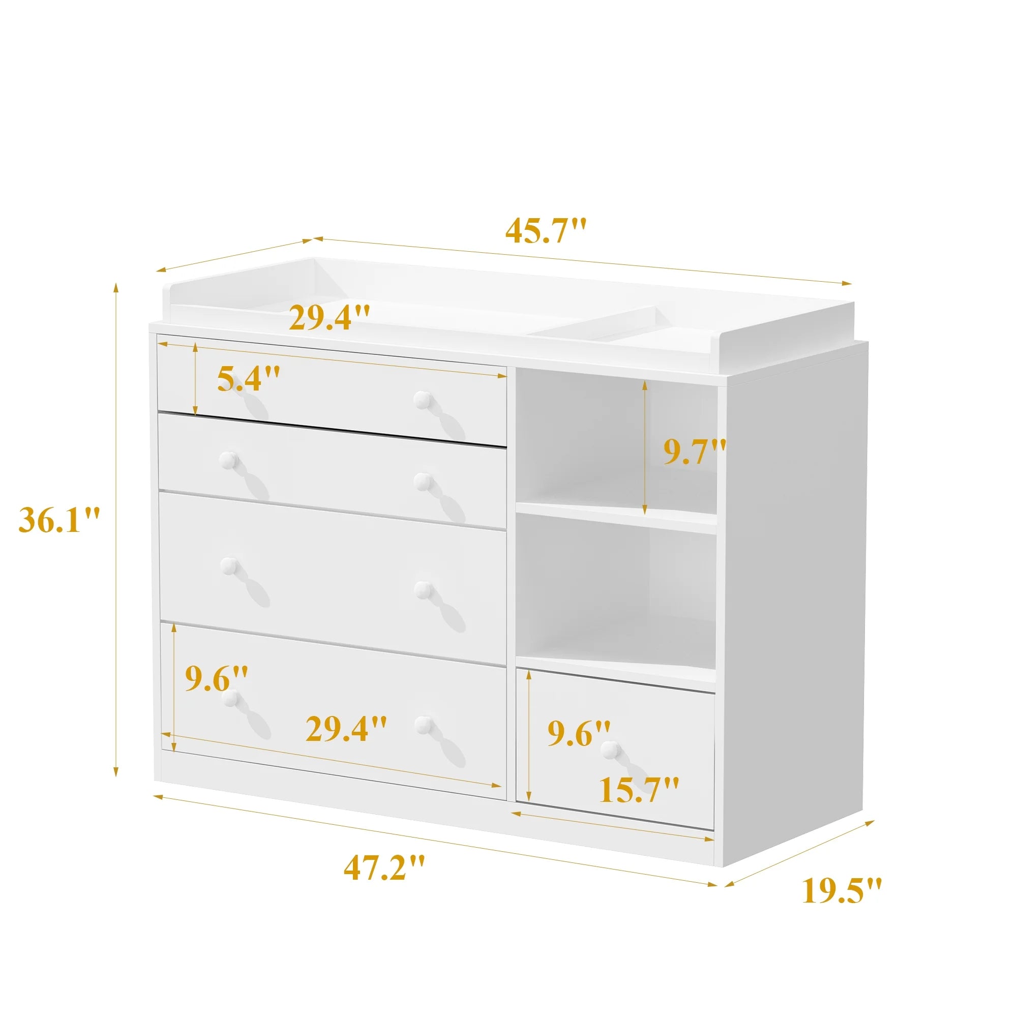 OXYLIFE 45" Baby Nursery Changing Table Dresser with 4 Drawers and Shelf for Nursery Room, White