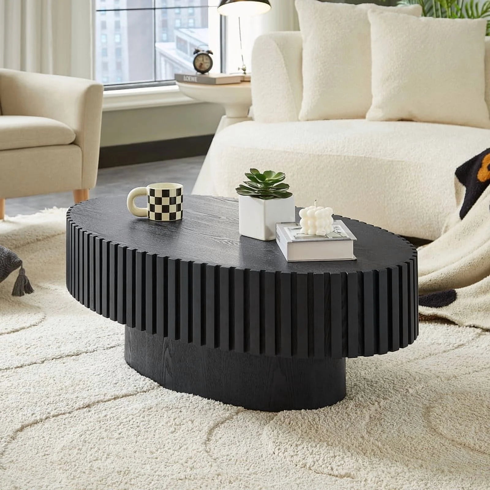 FFH 43.7 inch Oval Coffee Table for Living Room,Handcraft Rustic Corner Coffee Table Nature Wood Relief Sturdy Pedestal for Apartmen,Side Table Centre Table,Nature Wood