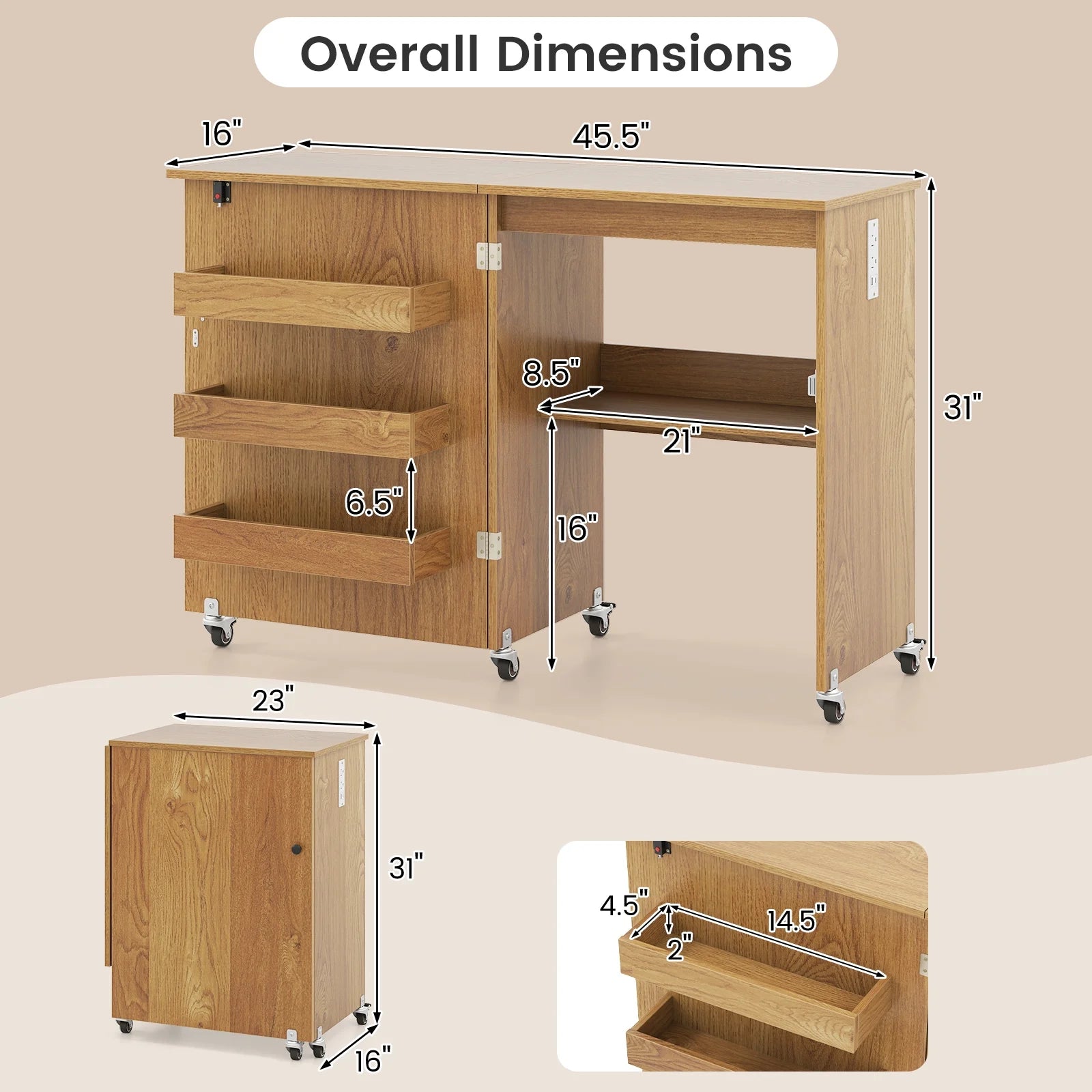 Costway Folding Sewing Table Rolling Craft Station with 3 Storage Bins & Charging Station White+natural