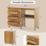 Costway Folding Sewing Table Rolling Craft Station with 3 Storage Bins & Charging Station White+natural