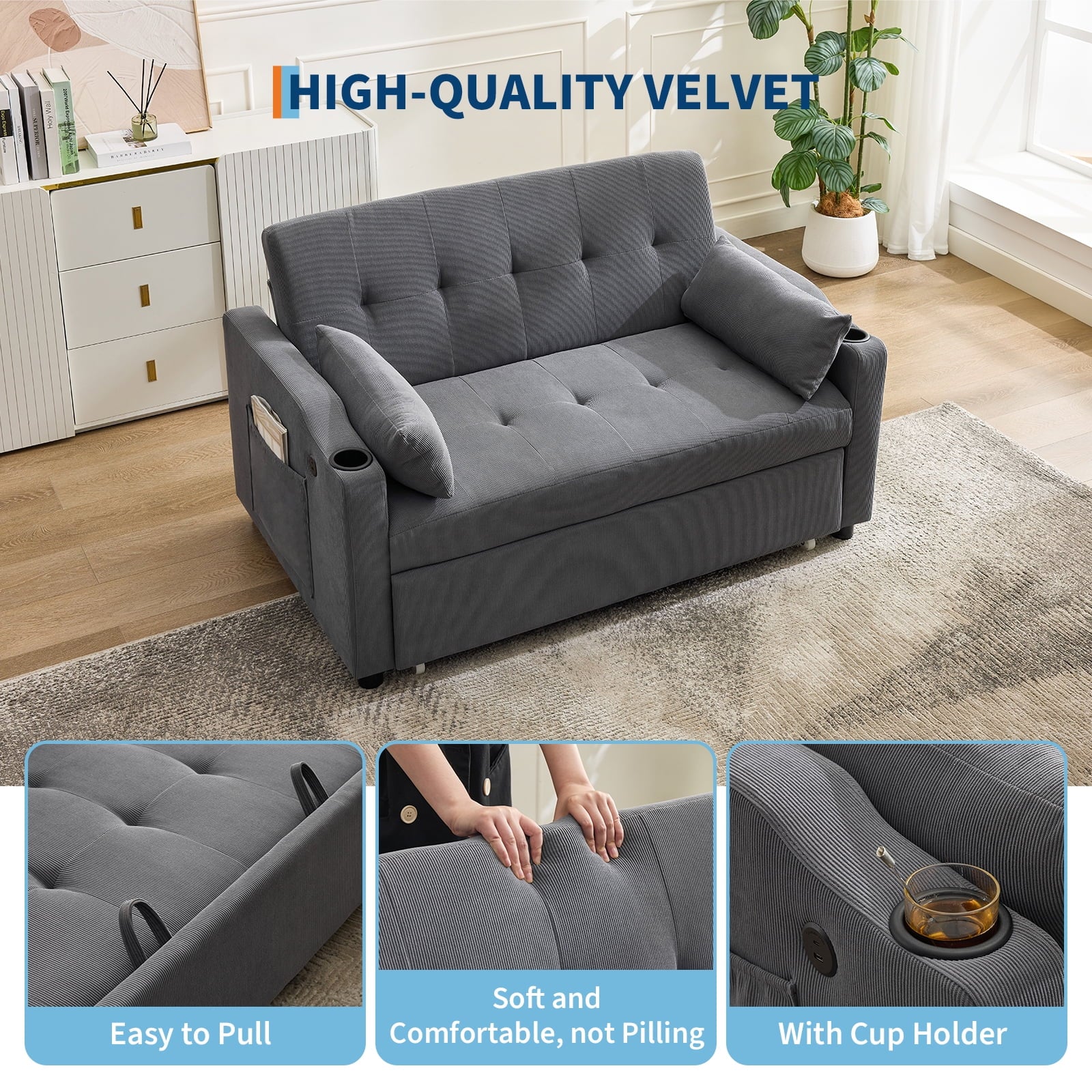 3 in 1 Convertible Sleeper Sofa Bed, Corduroy Futon Couches with Pull-Out Bed, Adjustable Backrest, Charging Port & Side Pockets, Modern Upholstered Sofa for Living Room, Guest Room