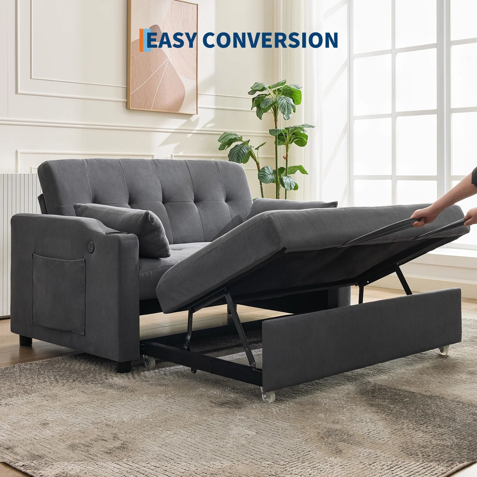 3 in 1 Convertible Sleeper Sofa Bed, Corduroy Futon Couches with Pull-Out Bed, Adjustable Backrest, Charging Port & Side Pockets, Modern Upholstered Sofa for Living Room, Guest Room