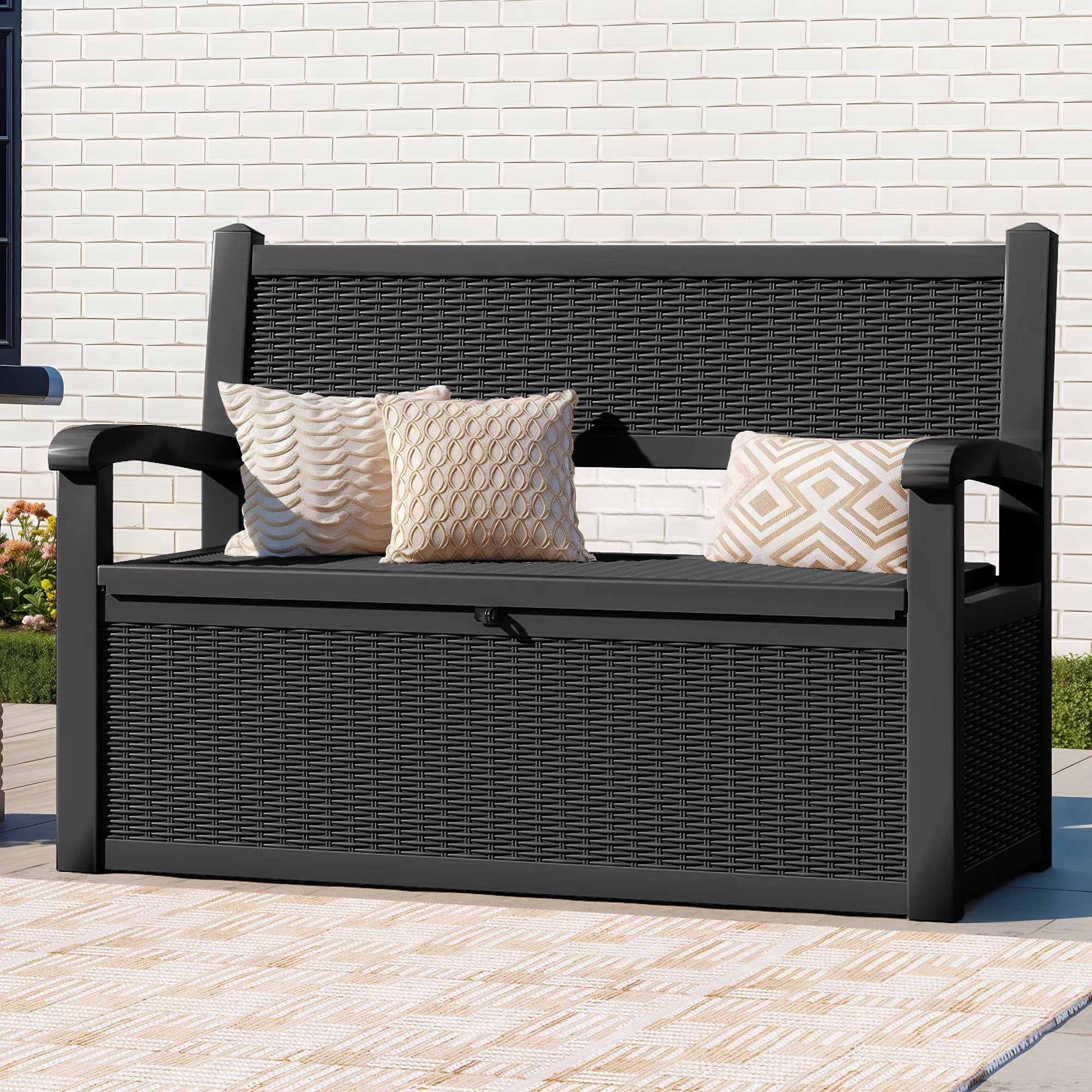 70-Gallon Outdoor Resin Storage Cabinet with Rattan Backrest C Waterproof Patio Bench Seat, 500 lbs Capacity, Black